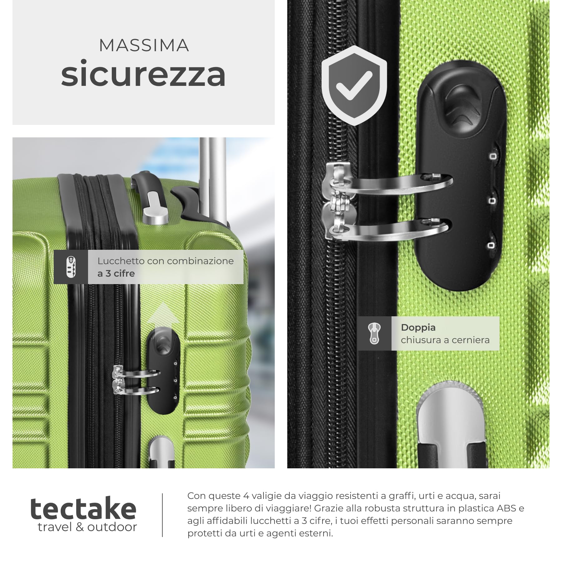 tectake® Set Valigie Trolley Rigide, 4 Valigie con Scocca in Plastica ABS, Rotelle Girevoli a 360°, Maniglia Telescopica in Alluminio, Serratura di Sicurezza a Combinazione - Verde