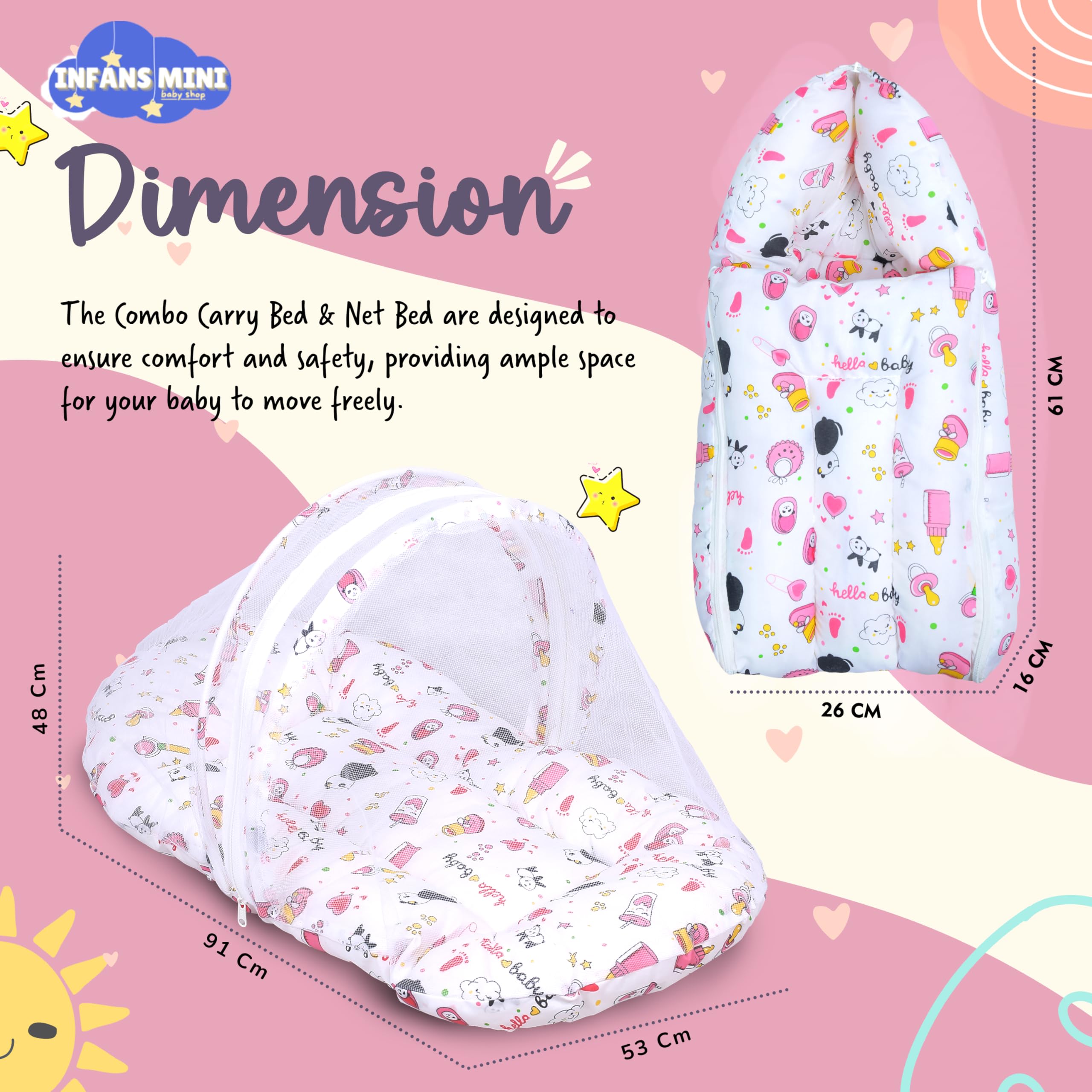 Infans Mini Baby Bedding Set for New Born Baby Sleeping Bag, Mosquito Net Bed Suitable Upto 6 Months Babies (Panda Pink) 2