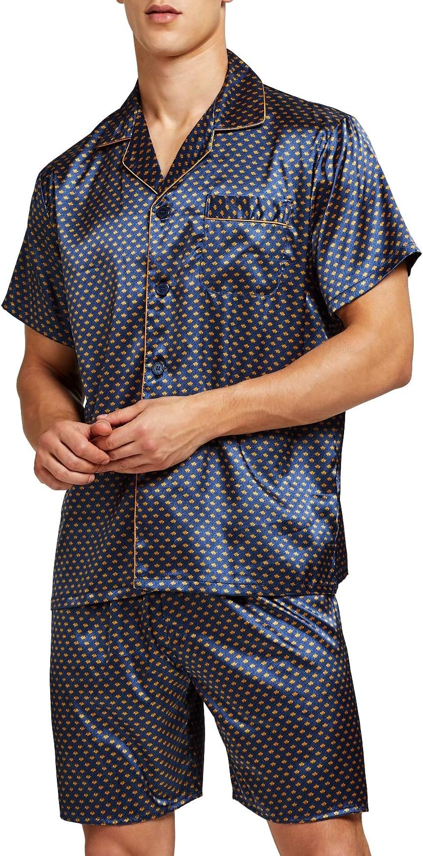SanraflicMen's Satin Pajamas Short Button-Down Pj Set Sleepwear Loungewear