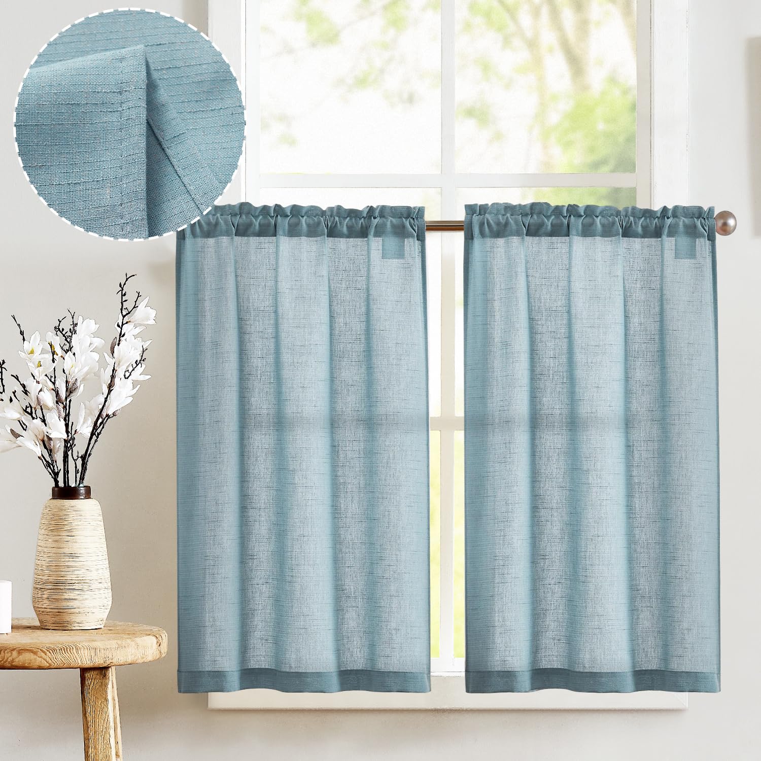 Vangao Scheibengardine Leinen Bistrogardine Halb Transparent Privatsphäre Uni Gardine Sheer Vorhang Paarig Schals Fensterschal