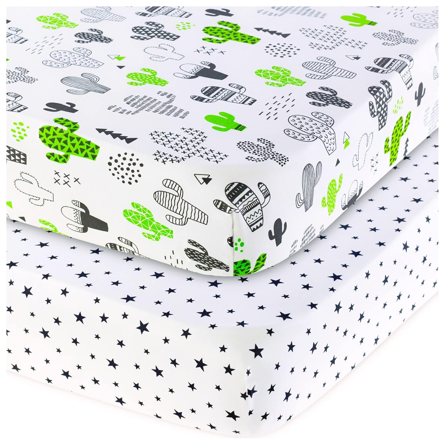 Cotton 2 Pack Fitted Crib Sheets Set for Baby Boy or Girl Nursery - Cactus and Stars (Green and Black) - fits Standard Crib and Toddler Bed Mattresses