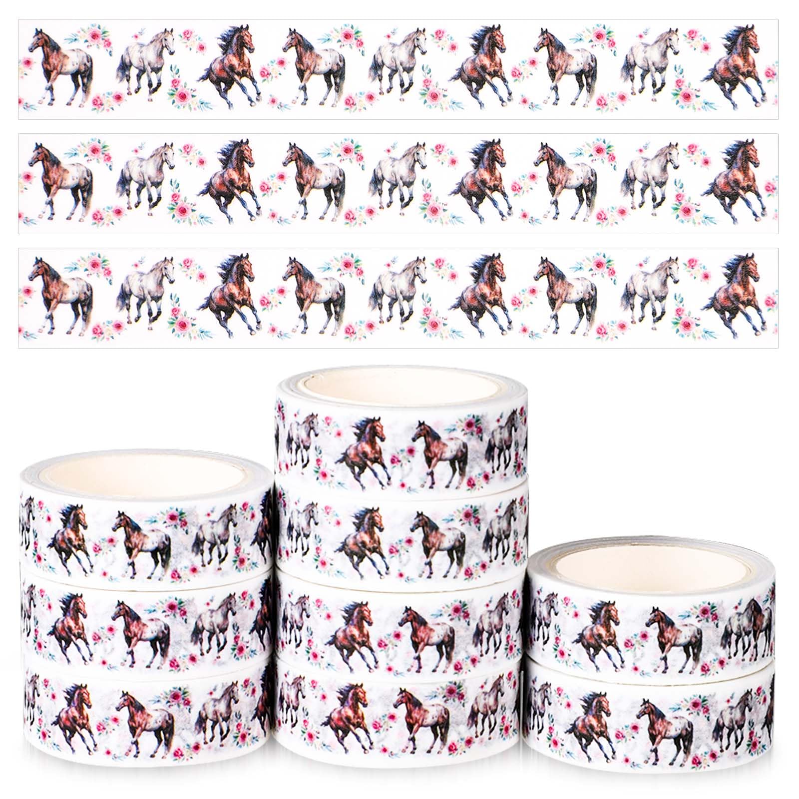 9 Rolls Horse and Flower Tapes, Retro PET Tapes Plant Decorative Tapes Craft Tapes for Journal Scrapbook Crafts Gift Wrapping