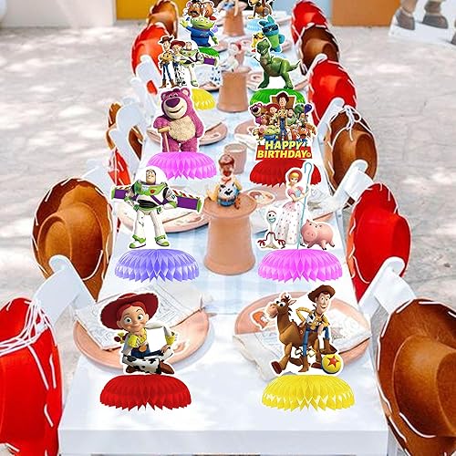 Miniatura 6 de 12 piezas de juguetes inspirados en historias de cumpleaños, centros de mesa inspirados en juguetes de nido de abeja, decoraciones de mesa