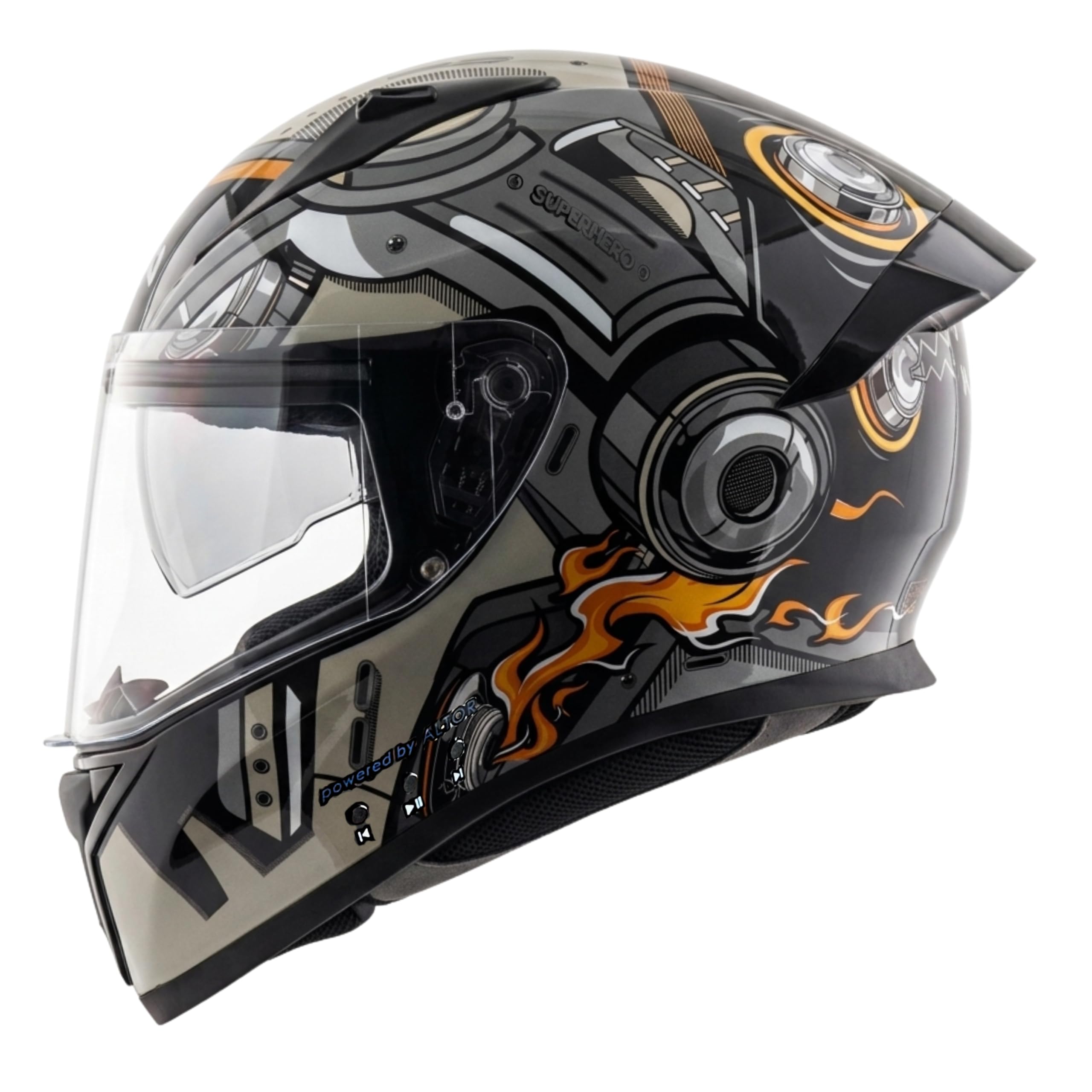 Vega Bolt Superhero Smart Bluetooth Full-Face Helmet – Advanced Safety, Shockproof, Aerodynamic, Premium Comfort Black Grey M-image-3
