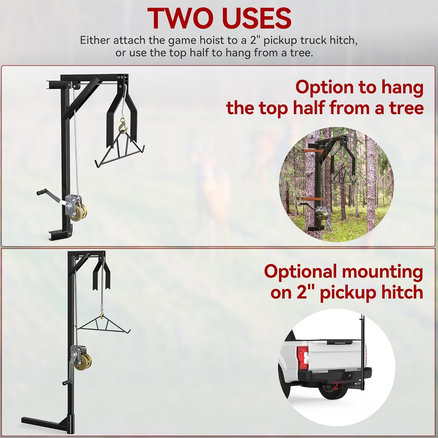 YITAMOTOR Truck Hitch Game Hoist with 2" Receiver, 500LB Game Hunting Deer Hoist, Includes Gambrel Winch for Skinning & Cleaning Game, Winch Lift Gambrel Set 360 Degree Swivel Hitch Mounted,Black