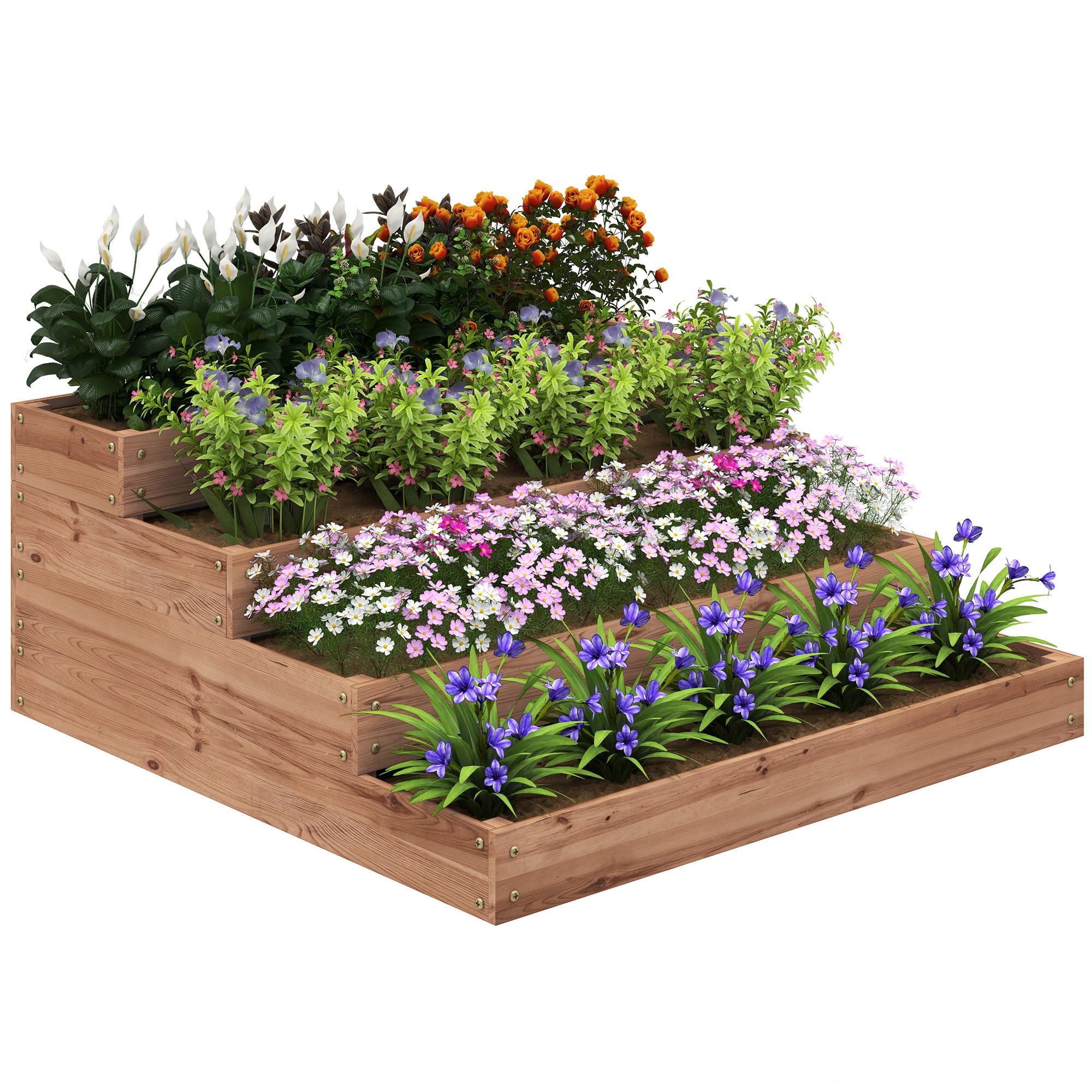 Outsunny Orto Rialzato da Esterno a 4 Livelli in Legno di Abete, Fioriera da Balcone con Fondo Aperto e Fodera in Tessuto, per Piante, Fiori e Verdure, per Giardino Balcone, 113x113x46 cm, Caffè Scuro