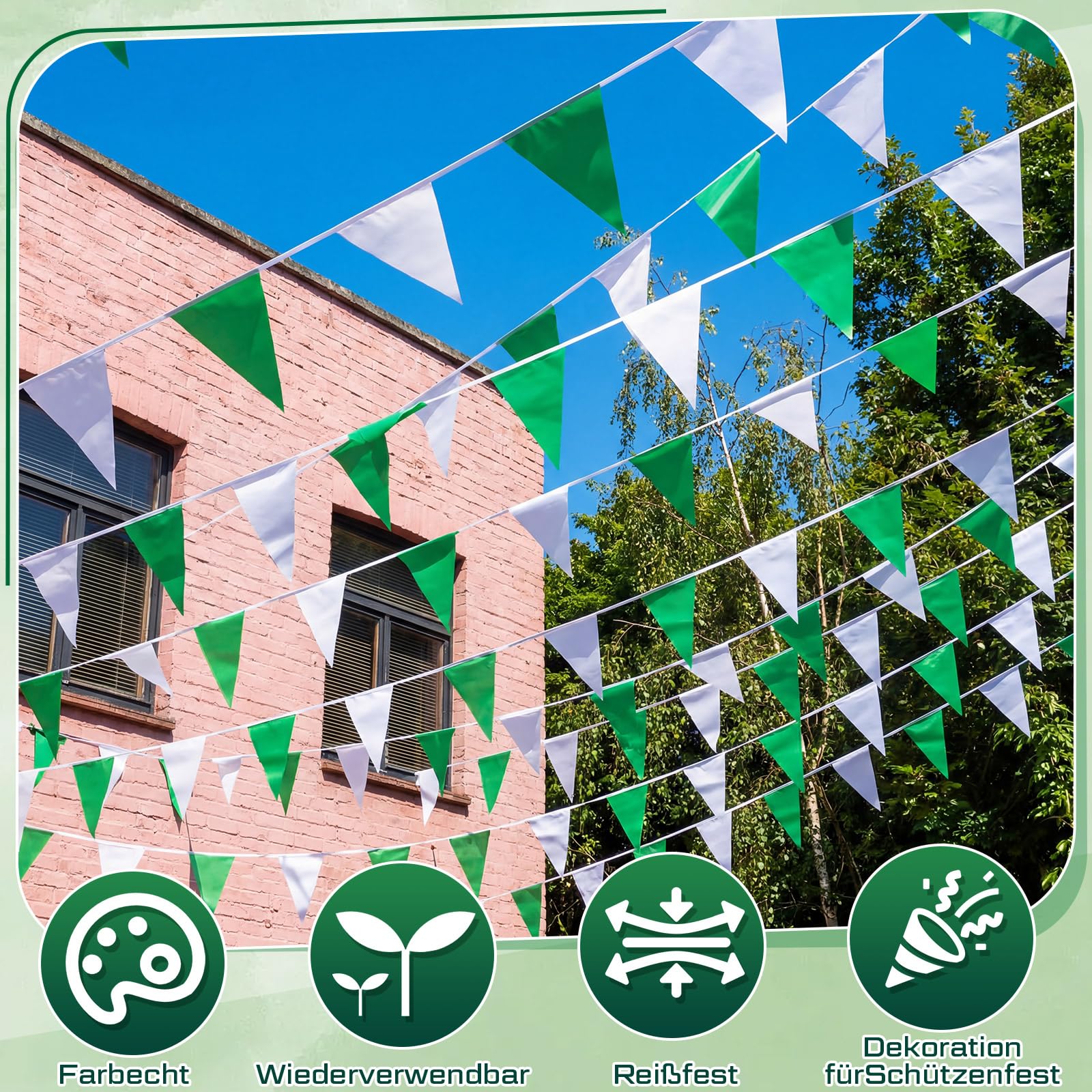 BBTO Schützenfest Dekoration Set 10 Meter Wimpelkette Grün Weiß 15 Stück Klein Schützenfest Flagge Reißfestem Polyester 30 Stück Ballon 2 Rollen Ballonband Wetterfest Deko für Outdoor
