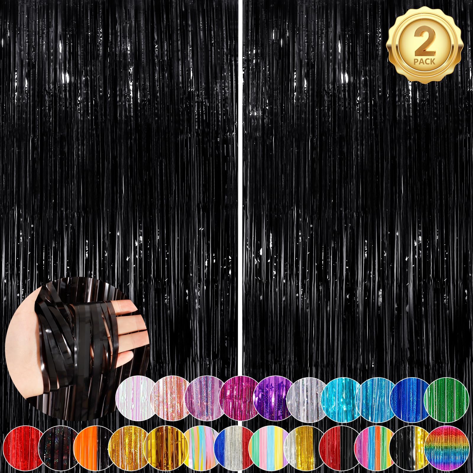 Black Foil Curtain Backdrop, 2Pack Metallic Tinsel Fringe Curtain Streamers