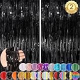 Black Fringe Curtain Party Streamers 2Pack 3.3x8.3 Ft Foil Fringe Backdrop Curtains for Birthday Wedding Bridal Baby Shower Halloween Decor Tinsel Streamers Black Party Decorations Door Streamers