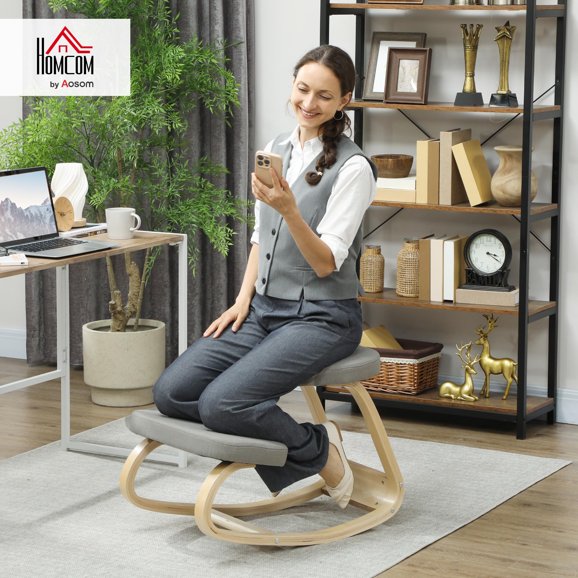 HOMCOM Sedia Inginocchiatoio con Movimento a Dondolo, Sedia Ergonomica Posturale in Tessuto Effetto Lino e Legno di Betulla, 50x73x55 cm, Grigio Chiaro