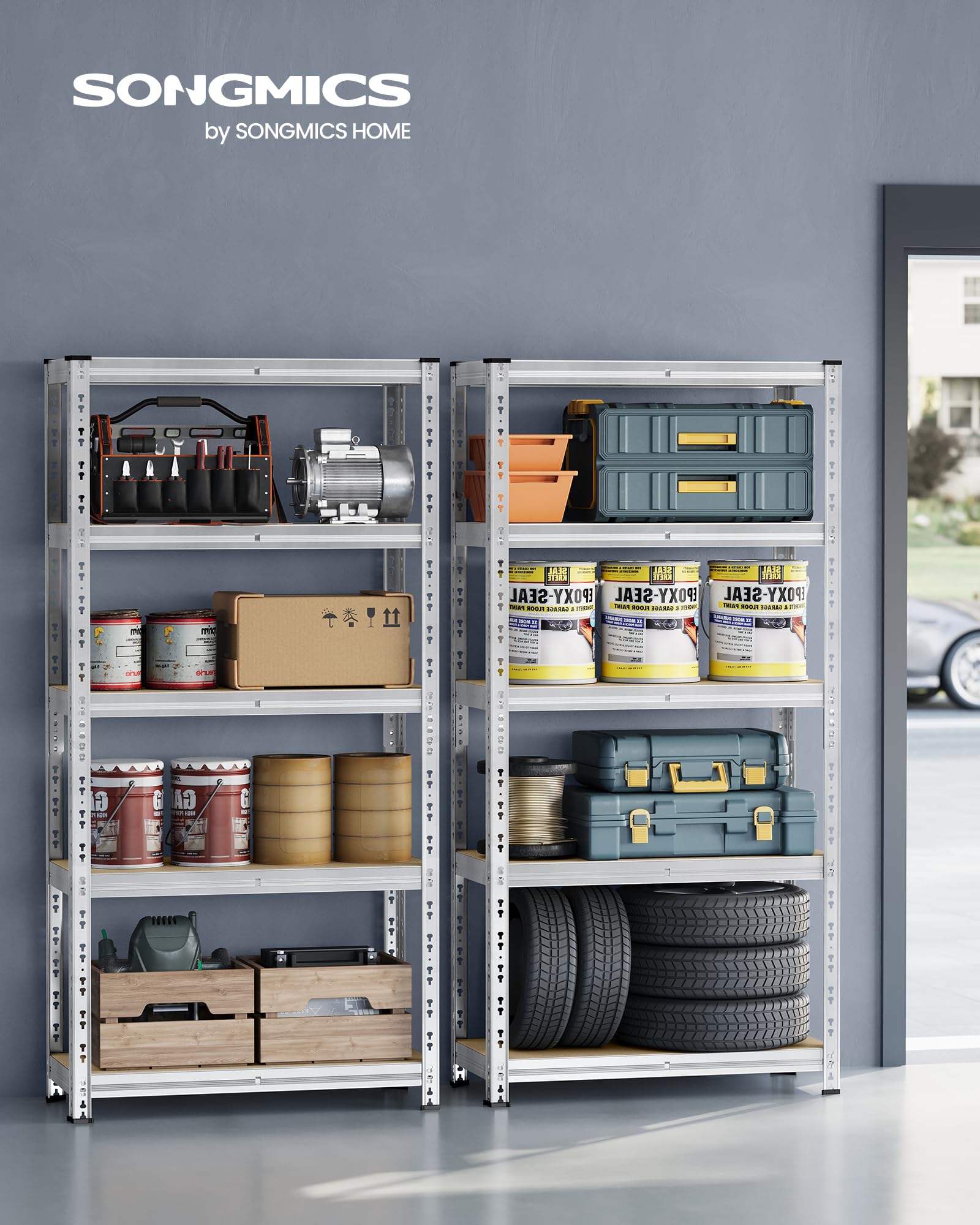 SONGMICS Étagère de Rangement Charge Lourde, Lot de 2, Étagère de Garage 40 x 90 x 180 cm, Capacité de Charge Jusqu’à 875 kg, Montage Facile, Tablettes Réglables, Argent GLR455E01