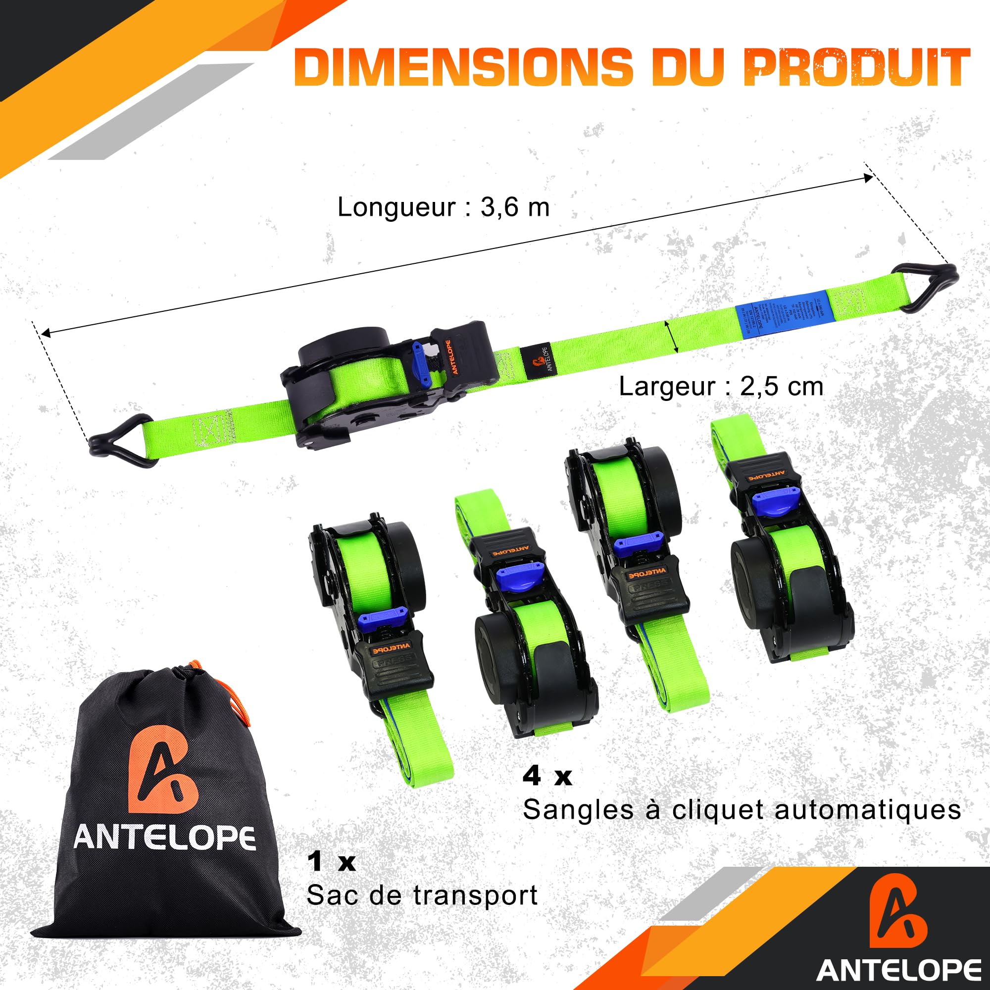 A ANTELOPE Cinghia di serraggio automatica 3,6 m x 25 mm, 4 pezzi Avvolgitori automatici per cinghia di tensione, 340 kg/680 kg, cinghie retrattili con cricchetto e ganci per moto, kayak e camion