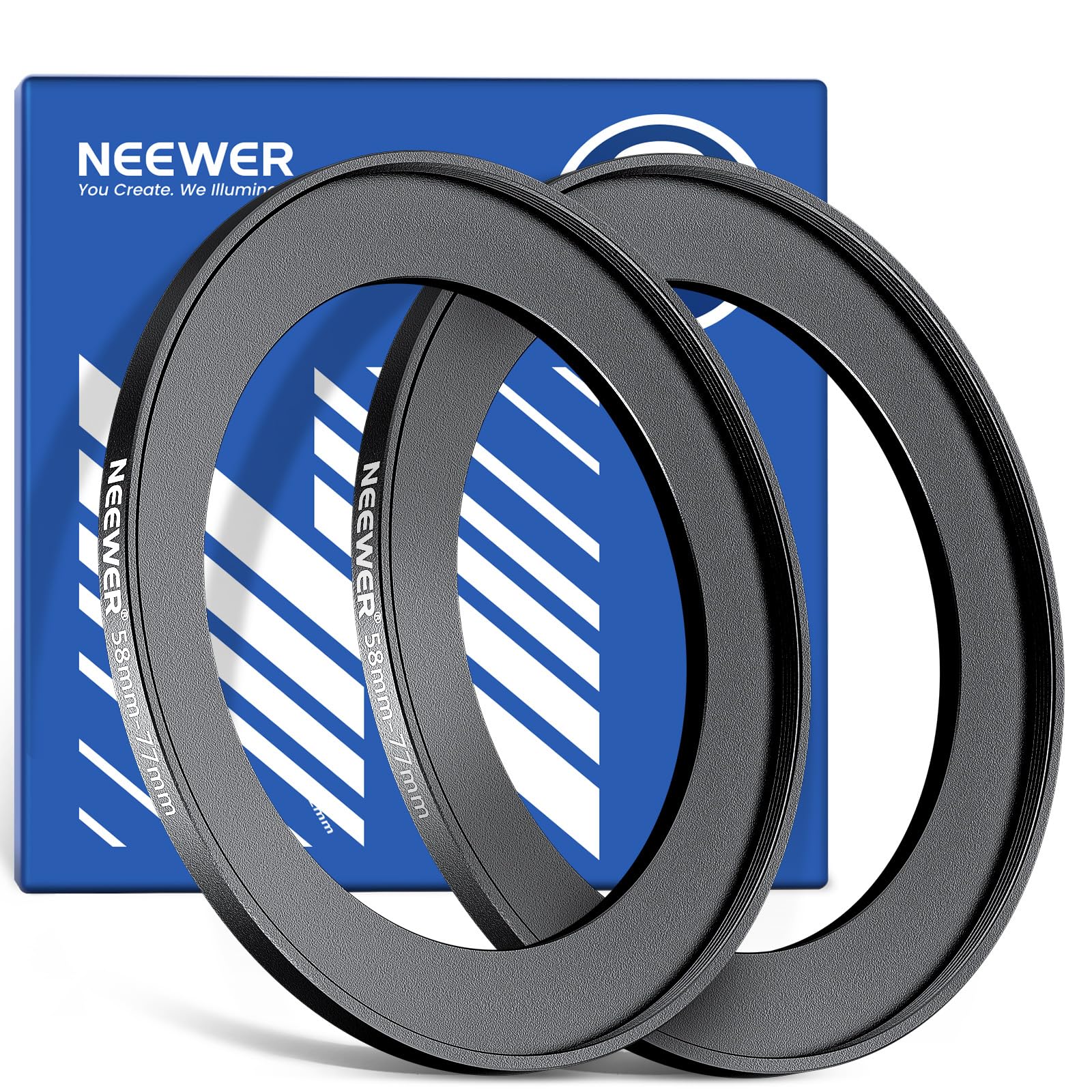 NEEWER 58-77mm Step Up Ring Adapter (2 Pack) with Cleaning Cloth, Ultra Slim Aluminum Alloy Lens Filter Adapter Ring for 58mm Camera Lens to Use 77mm