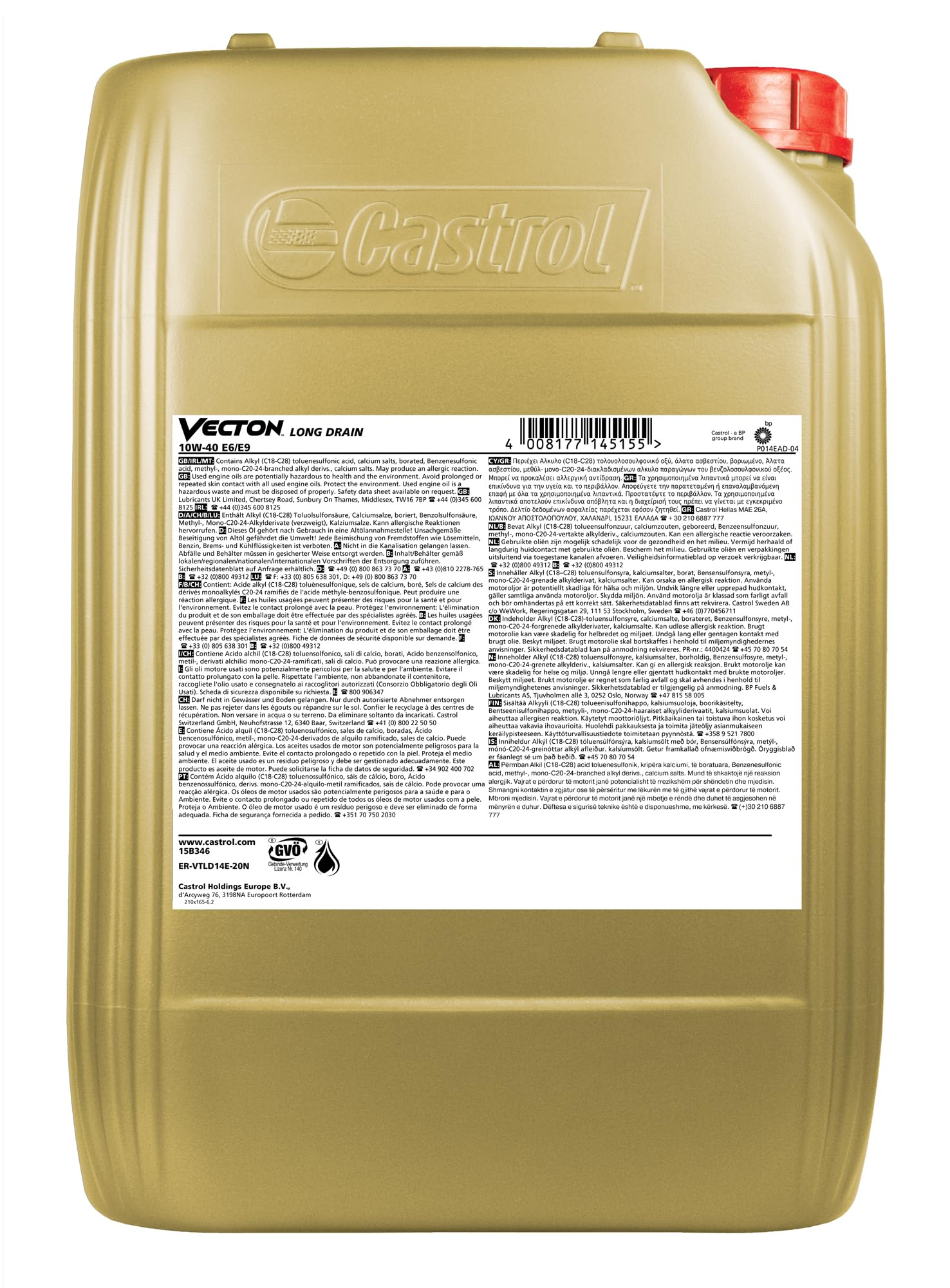 Castrol VECTON Long Drain 10W-40 E6/E9 Aceite de motor diésel, 20L