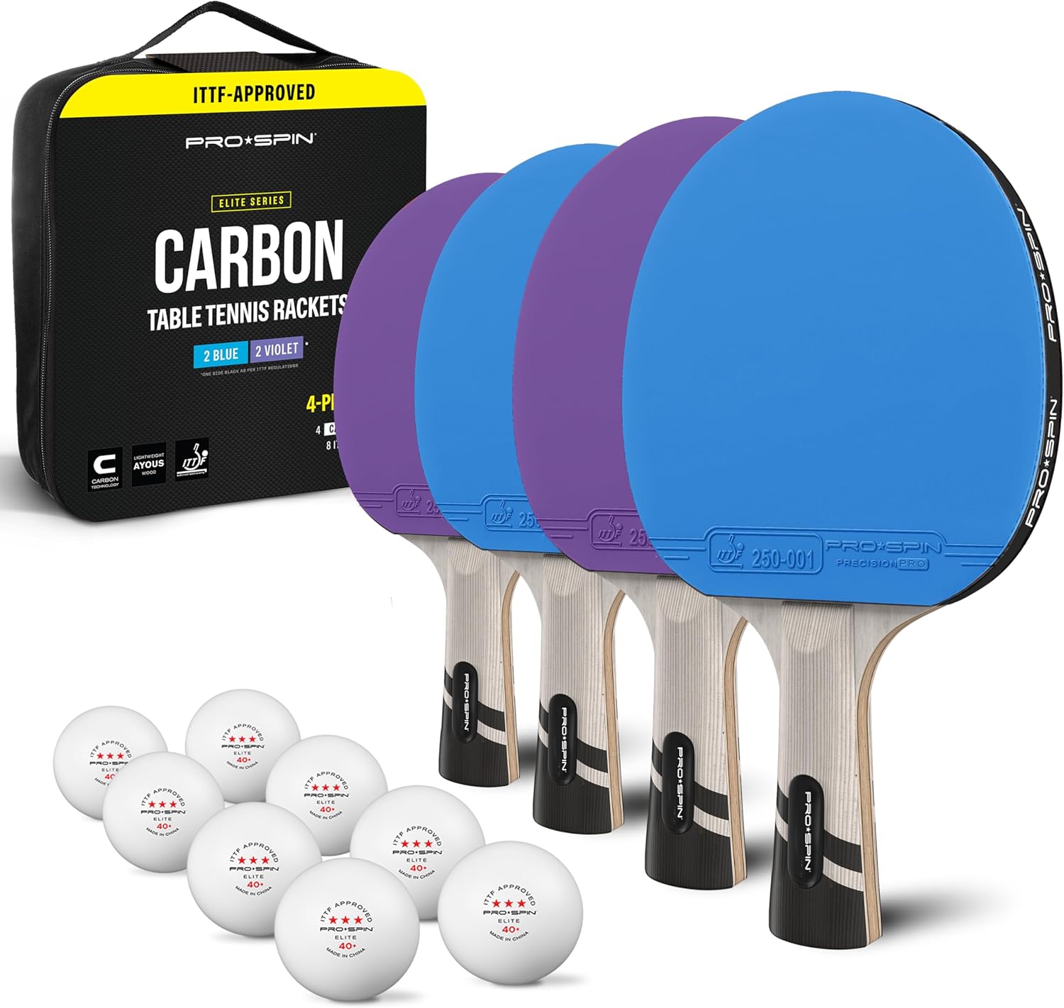 PRO-SPIN Ping Pong Paddles Set of 4 – ITTF Approved Carbon Table Tennis Rackets and Balls – Professional Quality Set with 8 Tournament-Grade Ping-Pong Balls – Premium Paddle Spin & Control