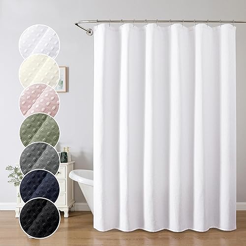 Miniatura 2 de OWENIE Cortina de ducha blanca de tela pesada con tejido gofre, para baño, impermeable, con textura gruesa, 14.82 ozm, suave, elegante, de lujo,