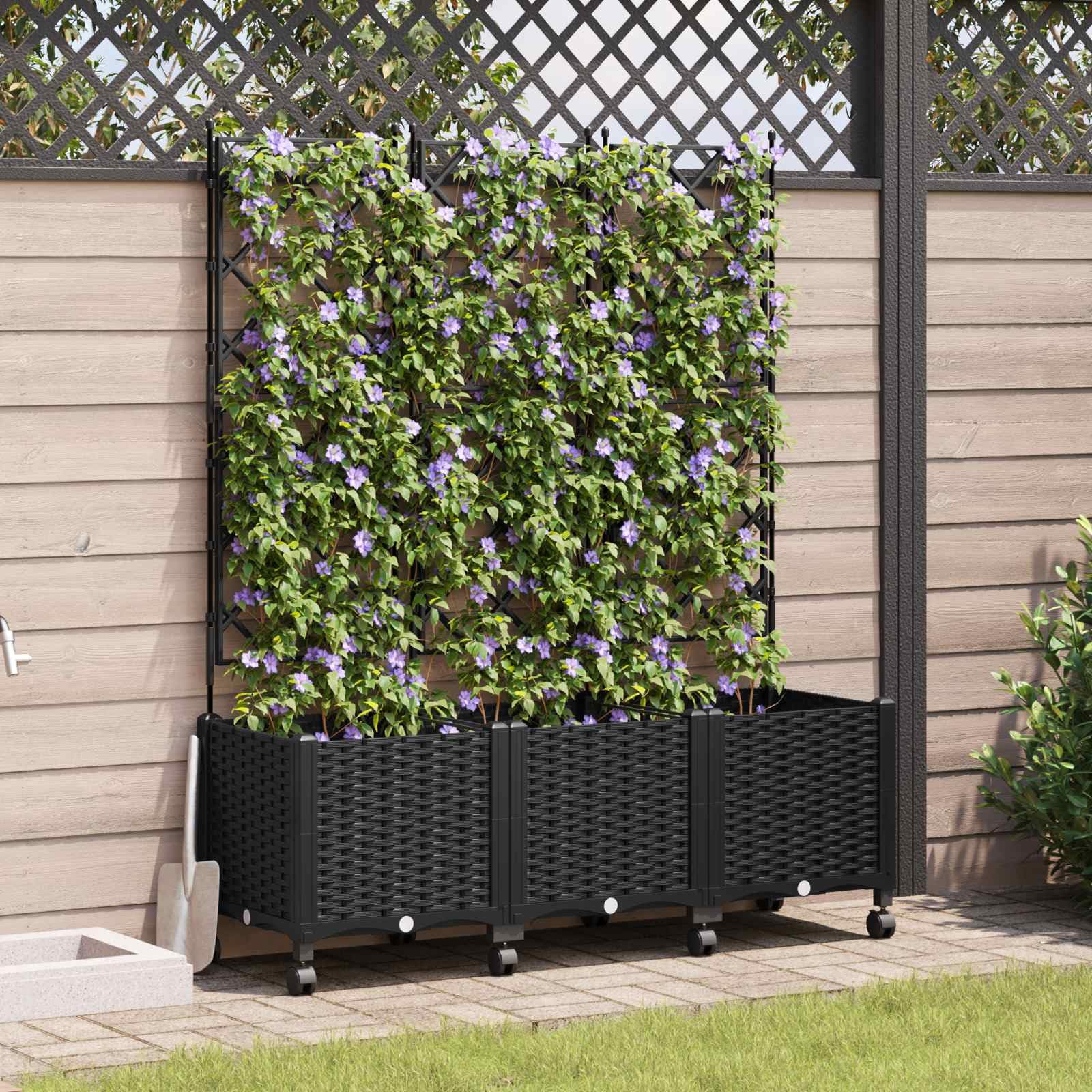 3er Set Pflanzkübel mit Spalier und Rollen, Hochbeet mit Rankgitter aus PP für Garten und Terrasse, Mobiler Blumenkasten Wetterbeständig, Schwarz, 120 x 40 x 149 cm