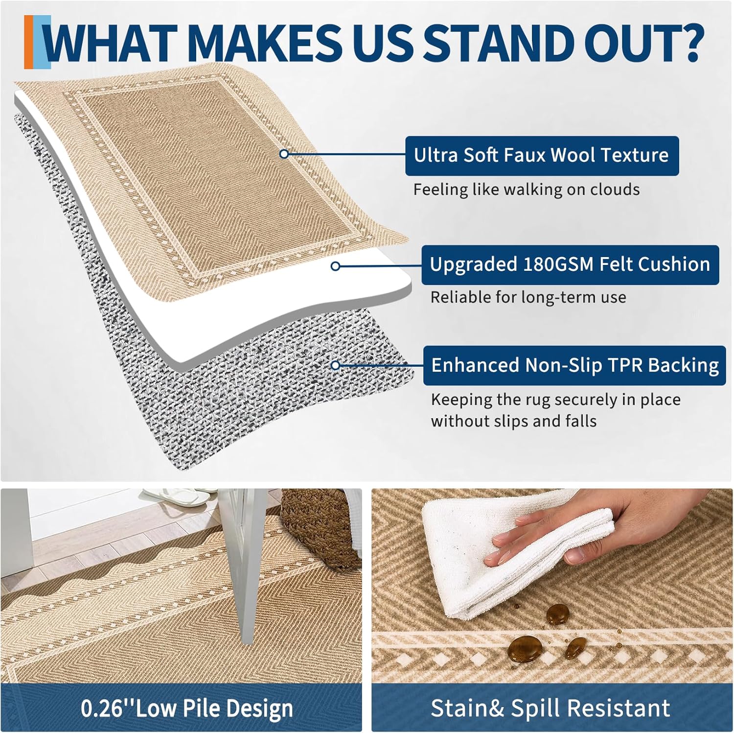 Garvee Border Washable Area Rug 9x12 Living Room Rugs Modern Neutral Stain Resistant Rugs for Bedroom Nursery Non Slip Ultra-Soft Low Pile Carpet for Dining Room Farmhouse Office Floor Mat Tan