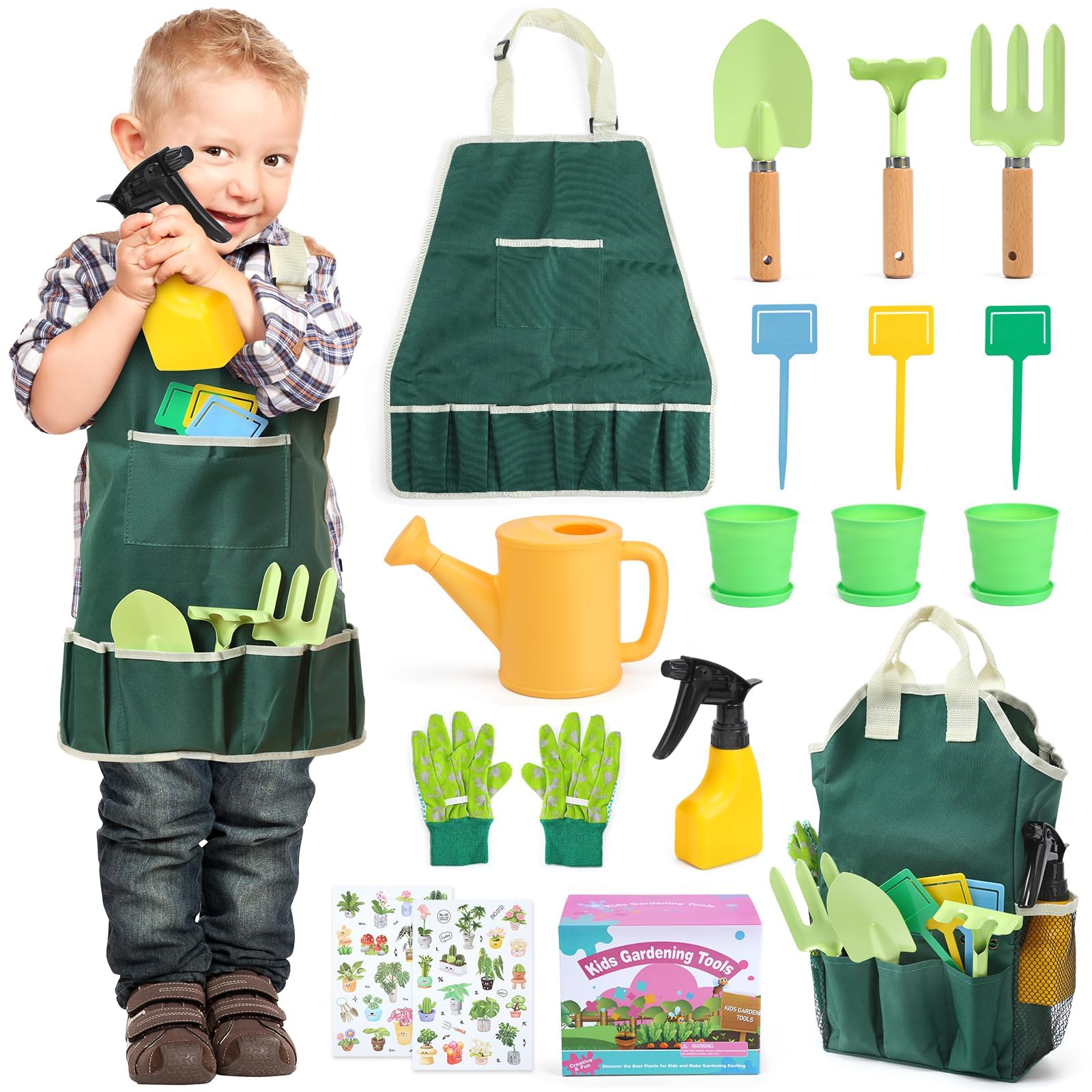 Juego de Jardín para Niños 2 Años con Herramientas Jardinería Kit, Regadera, Pala, Rastrillo, Guantes, Delantal, Pegatinas DIY