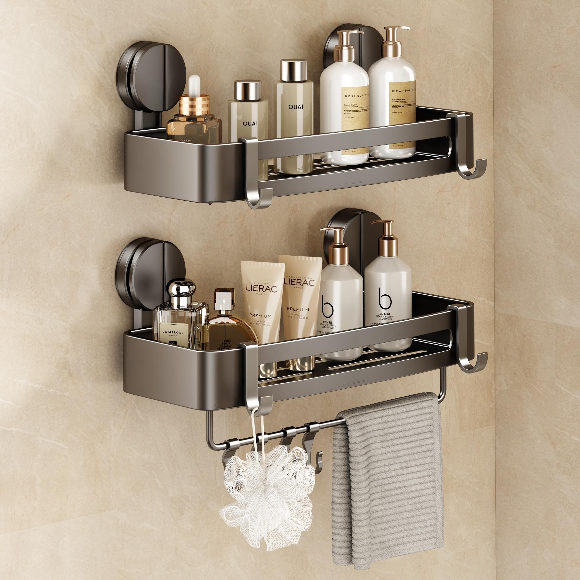 VOLPONE Shower Caddy Suction Cup 2 Pack Corner Shower Shelves No Drilling Showers Organizer Storage with Towel Bar