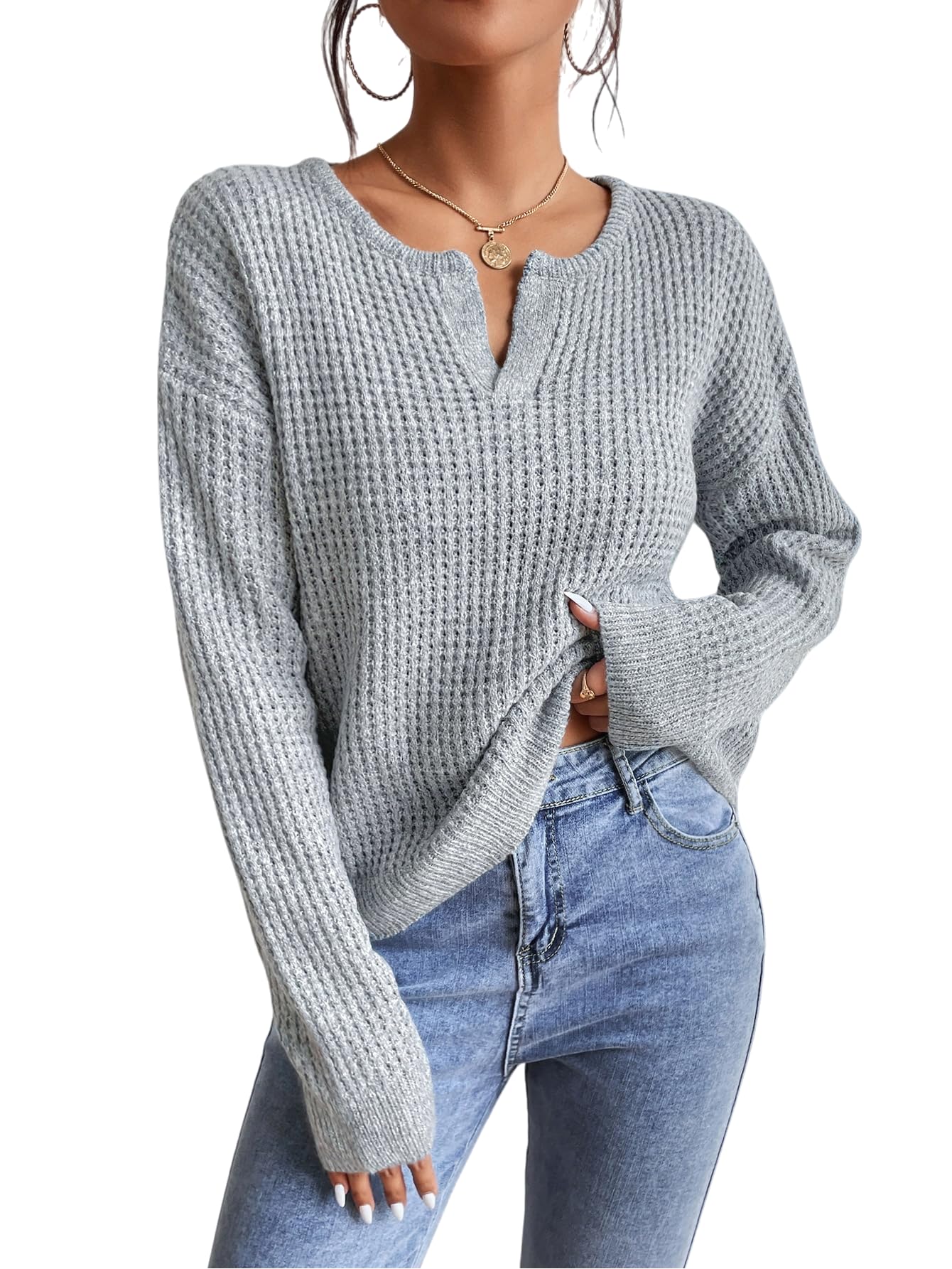 Sweaters for Women Trendy Pullover V Neck Lightweight Drop Shoulder Long Sleeve Sweater Dressy Casual