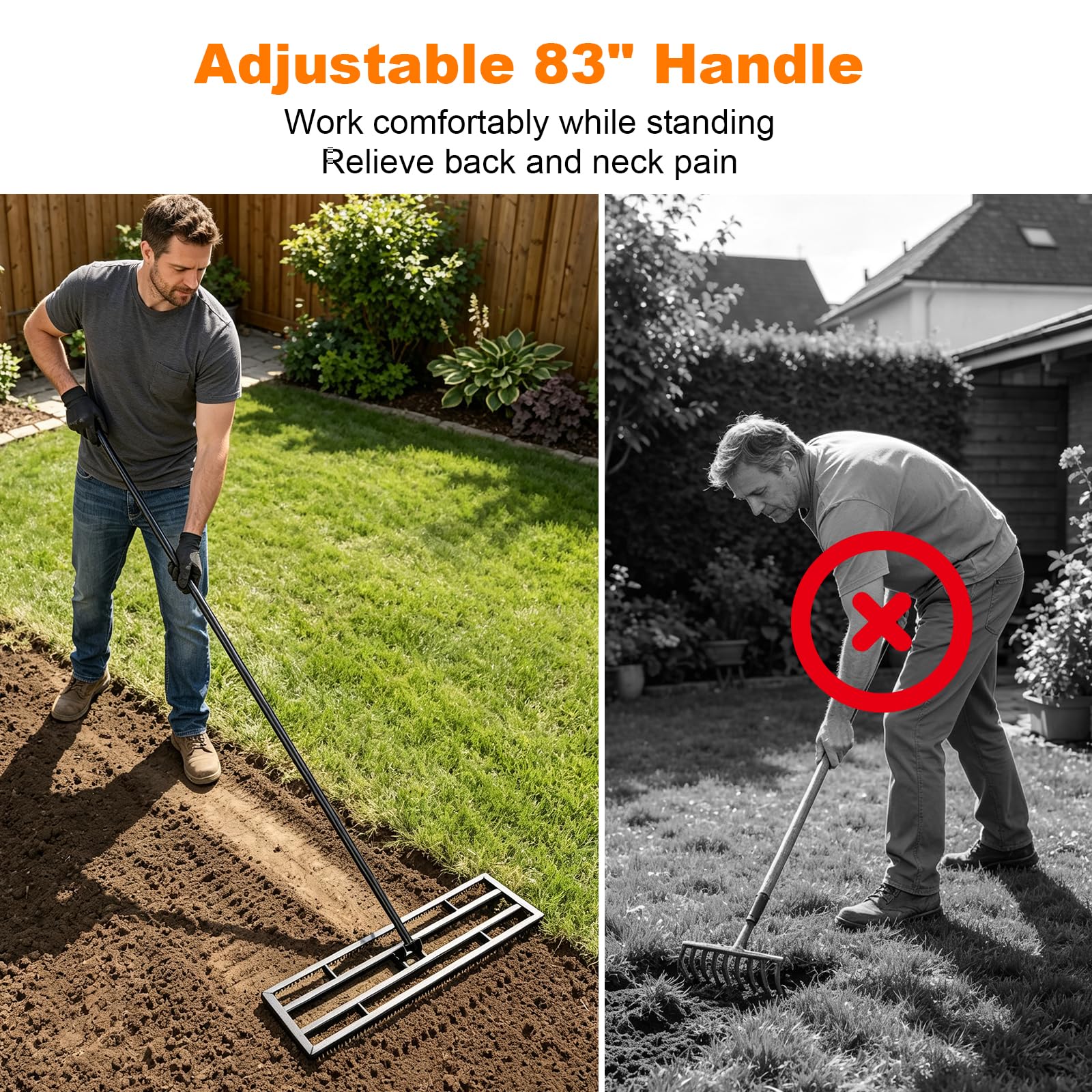 Rasen Nivellierrechen 43x25cm mit Gezahnte Seite und 199 cm Langer Griff, 2-In-1 Rasen-Nivelliergerat aus Eisen, Rasenrechen Leveling Rake für Garten/Hof/Golfplatz, Einebnen von Sand und Erde