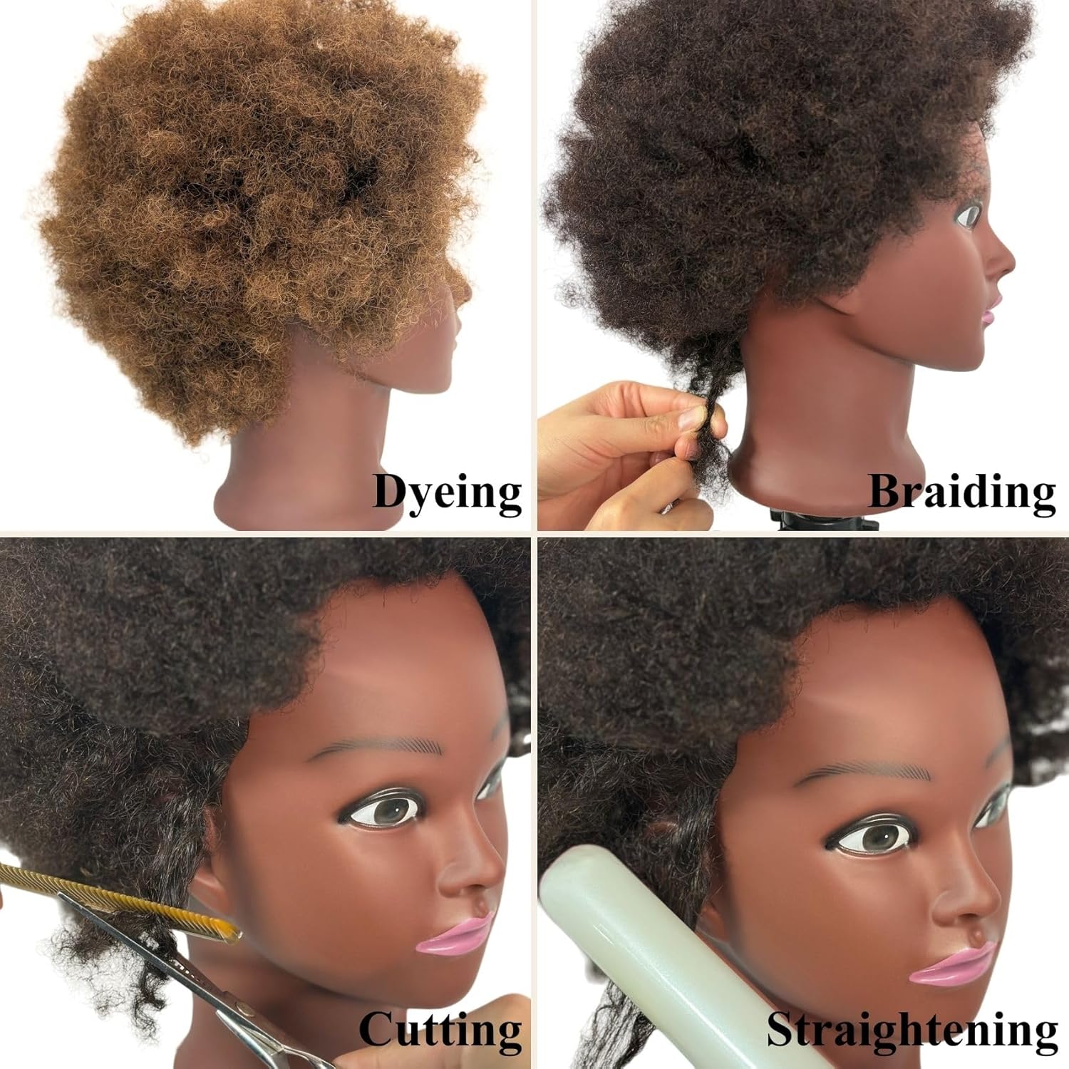 100% Human Hair Afro Curly Black Mannequin Head for Braiding, Cosmetology Training Mannequin Head with Stand for Hair Styling