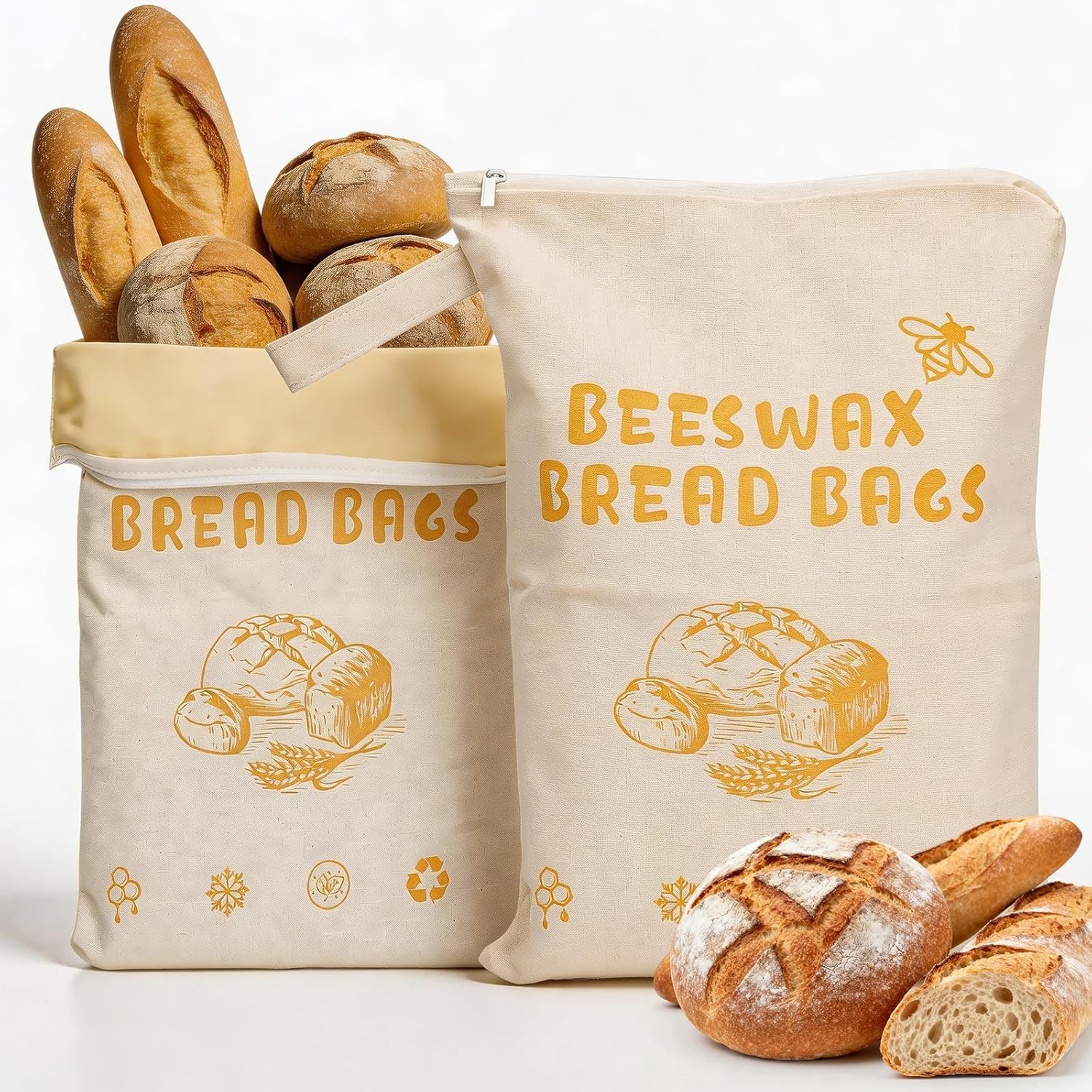 LIZZAZ QUANTUM Beeswax Bread Bags, Reusable Storage Bags for Bread, Loaves, and Baguettes