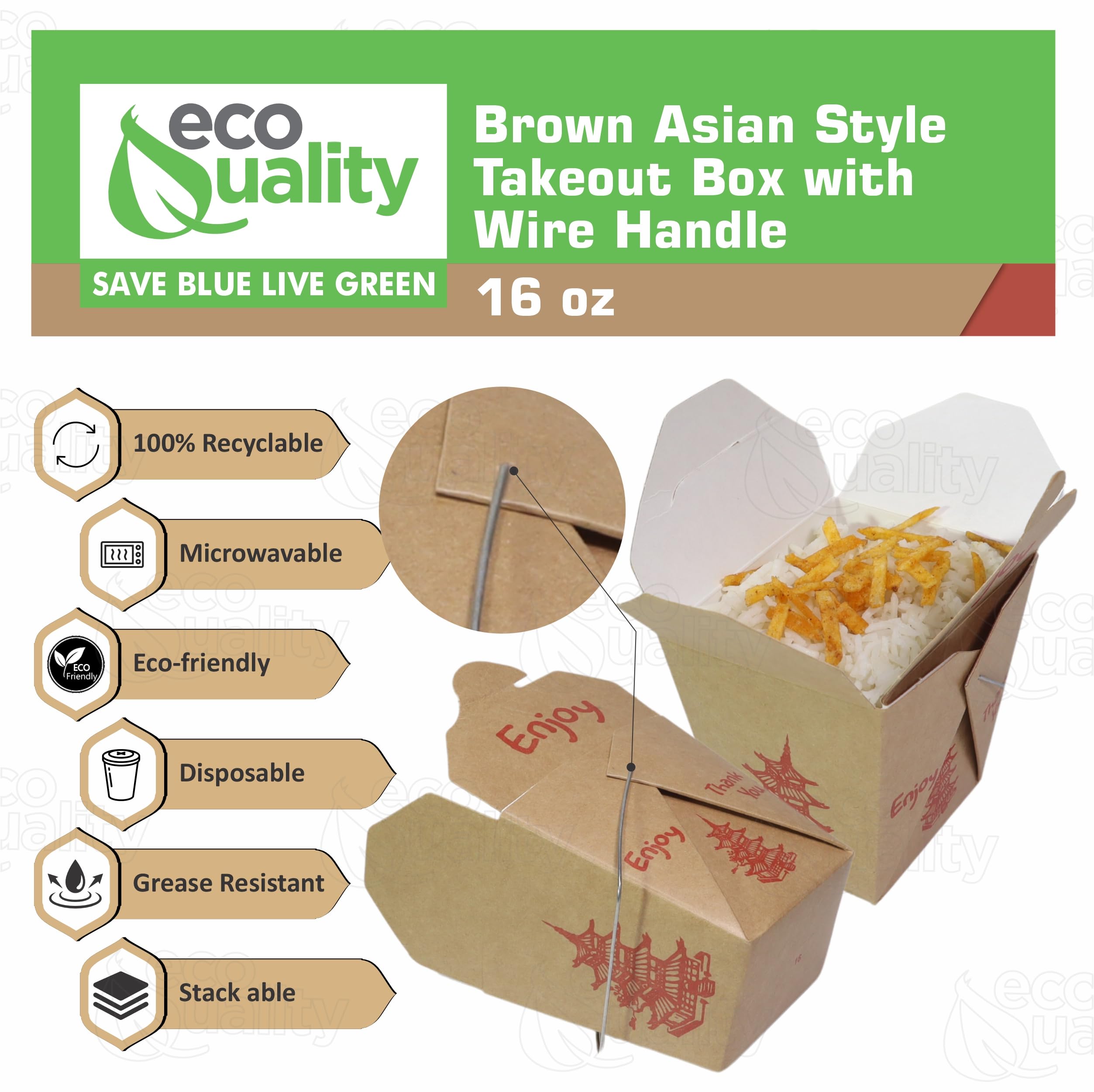 EcoQuality 16 oz Brown Asian Style Take Out Food Boxes with Wire Handle – Classic Asian-Style Paper Containers for Chinese Takeout, Leftovers, Meal Prep, and Party Favors (200)