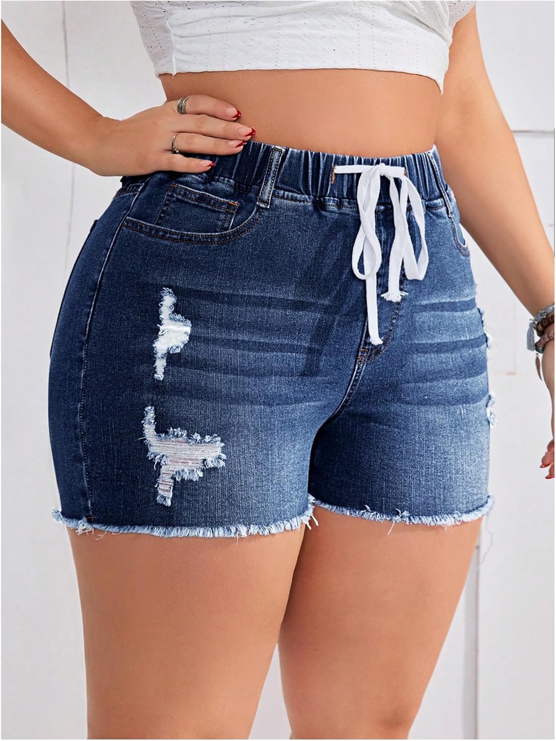 WDIRARA Women's Plus Size High Waisted Ripped Stretchy Jean Shorts Distressed Drawstring Skinny Denim Shorts - Image 3