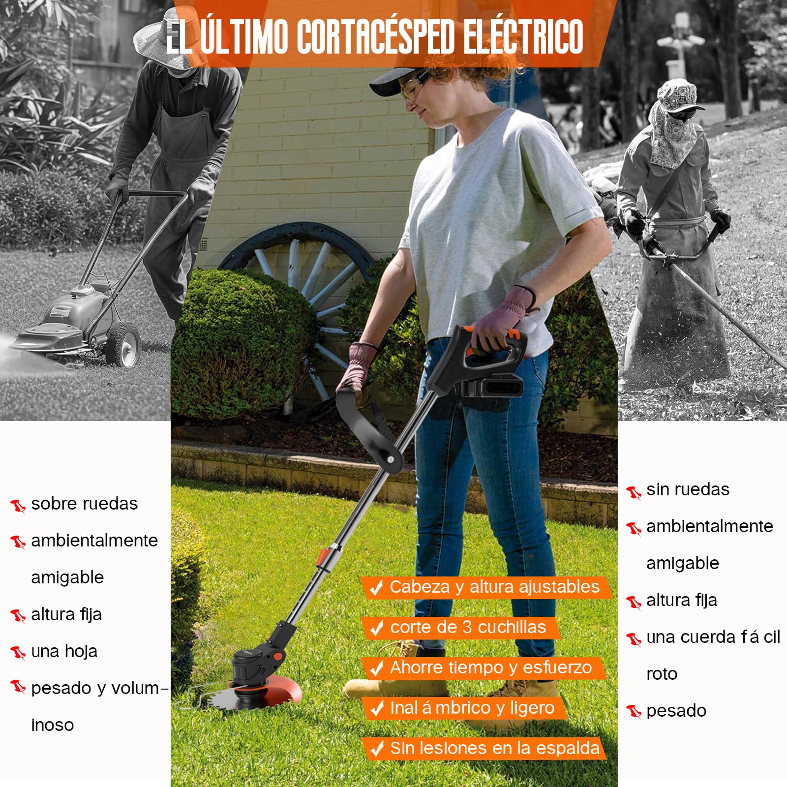 Gompuy Desbrozadora electrica, Desbrozadora a Batería, Recortadora de Cortabordes Bateria 21V, Cortabordes electrico 3 en 1, Longitud retráctil, 2 Baterías, para Recortar Césped y Arbustos — view 3