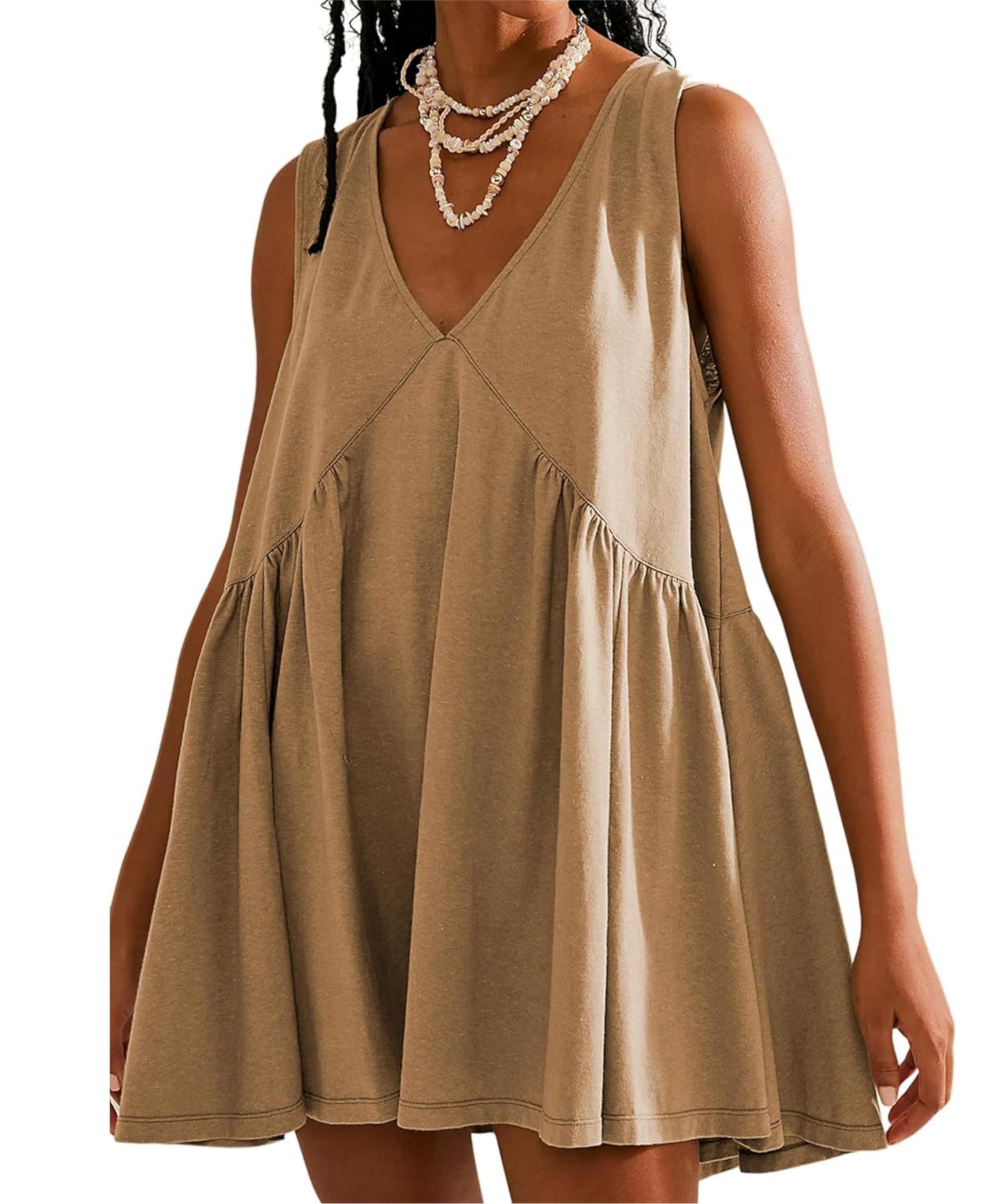 OPCAKM Women's V Neck Sleeveless Mini Dress Loose Summer Pleated Swing Flowy Sundress