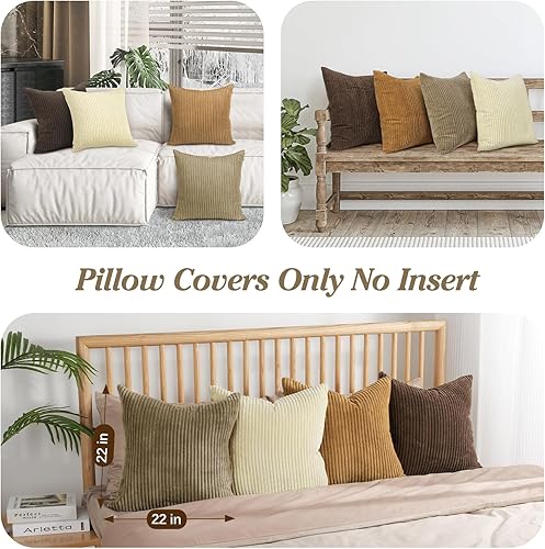 Miniatura 7 de Lewondr Juego de 4 fundas de almohada de pana de 22 x 22 pulgadas, fundas cuadradas suaves a juego multicolor a juego, fundas modernas a rayas para