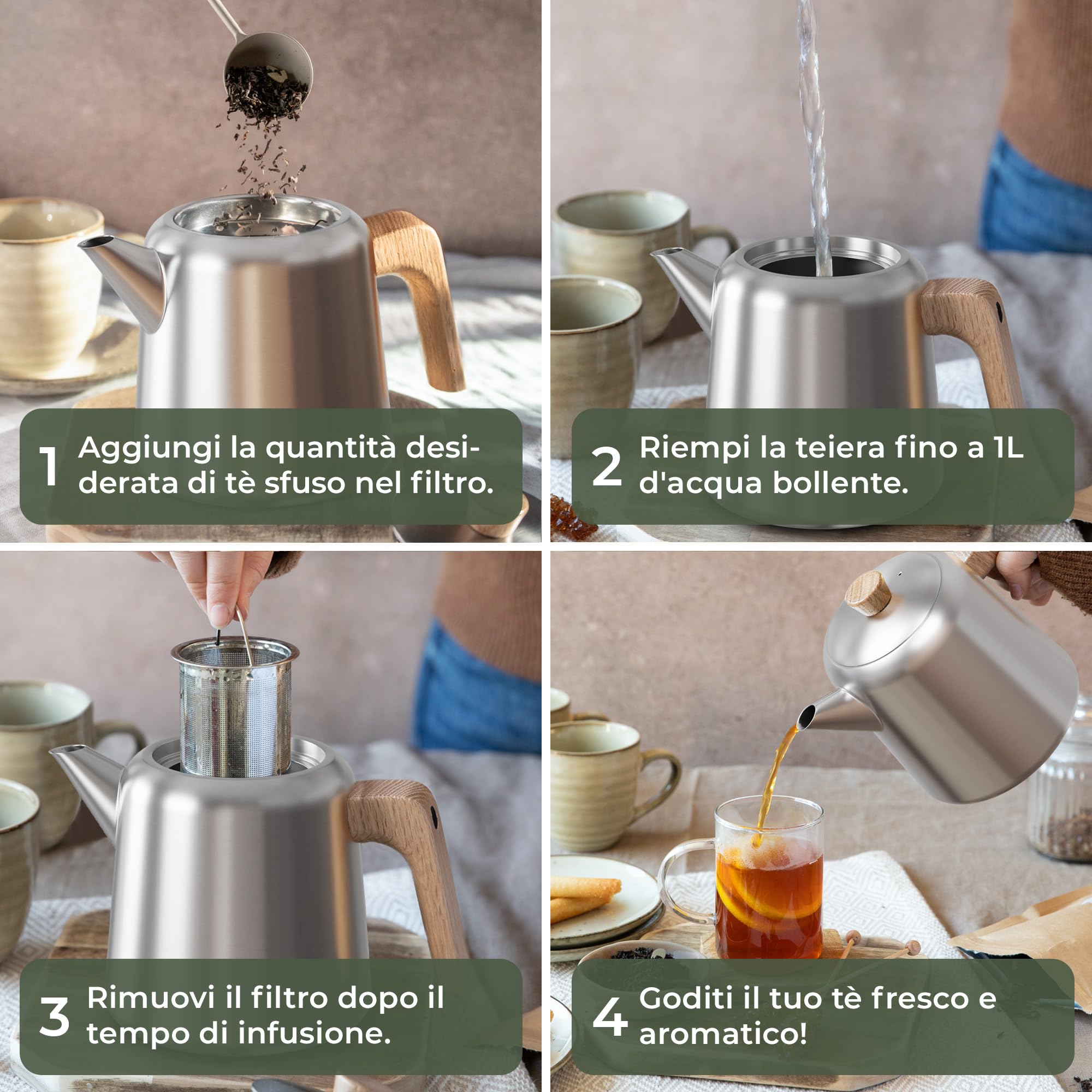 WALDWERK Teiera con scaldino (1,1L) – Teiere con filtro in acciaio inox 304 – Tisaniera in acciaio inox con manici in legno di quercia – 100% antigoccia – Teiera con filtro rimovibile