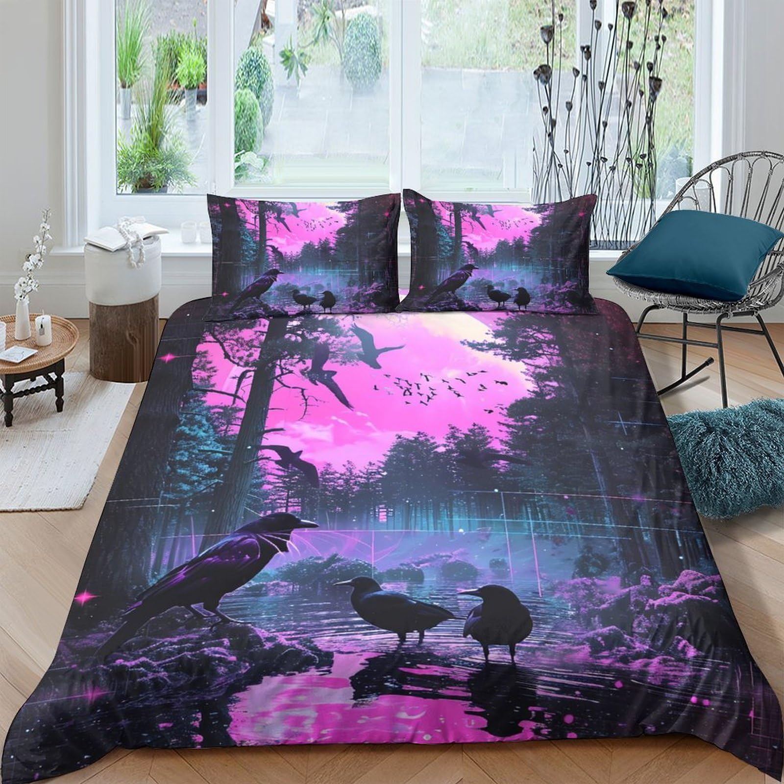 Ctjqhvkz Style-9 3D Printed Purple Forest Fitted Sheet Microfiber Soft Black Raven Sunset Bed Cover For Bedroom Guest Room Mattress Protection Single（135X200cm）
