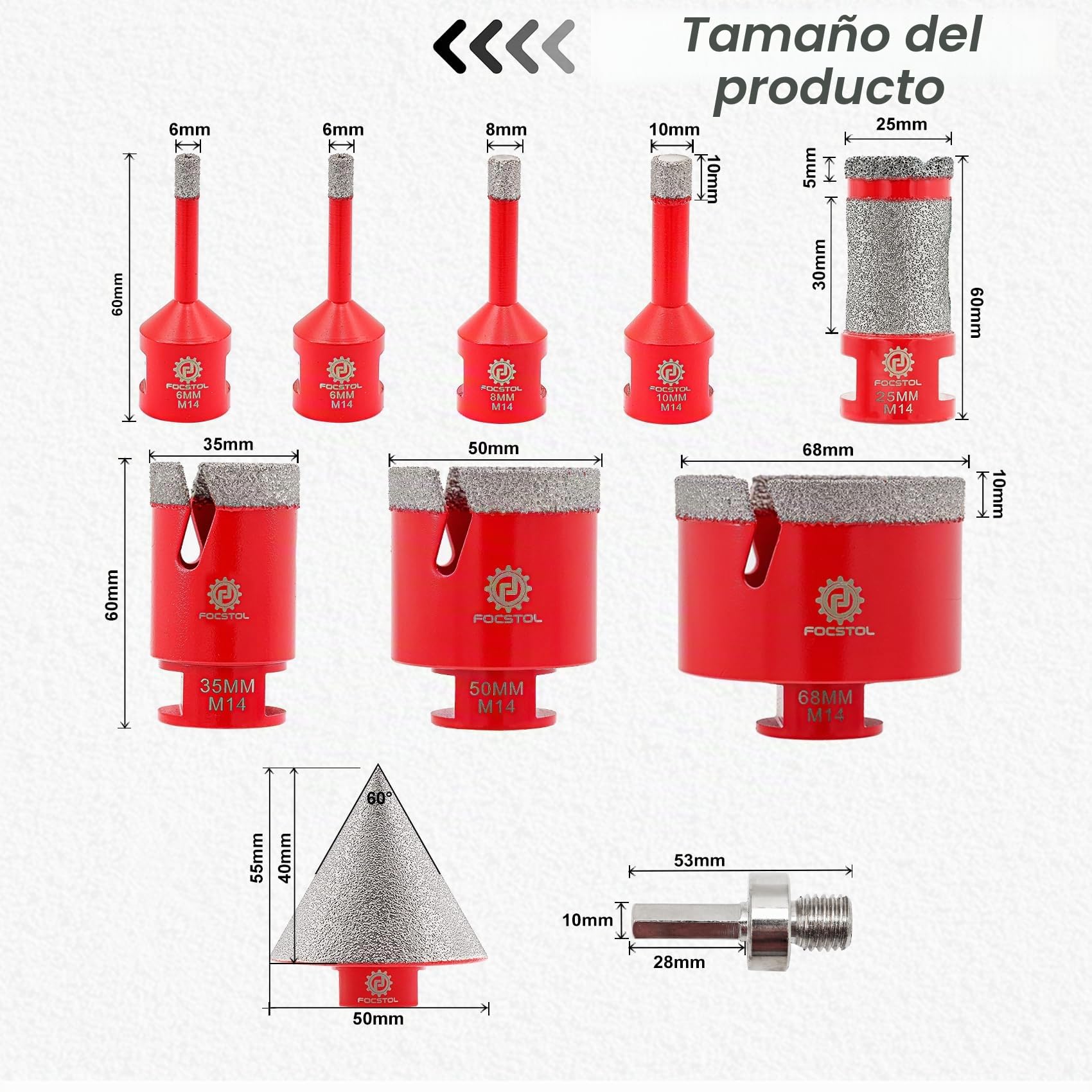 FOCSTOL Brocas diamantadas de gres porcelánico – Puntas de taladro diamantadas para azulejos de cerámica 10 piezas (6/6/8/10/35/50/68 mm + 50 mm brocas para biselar + 25 mm taladro fresa + adaptador)