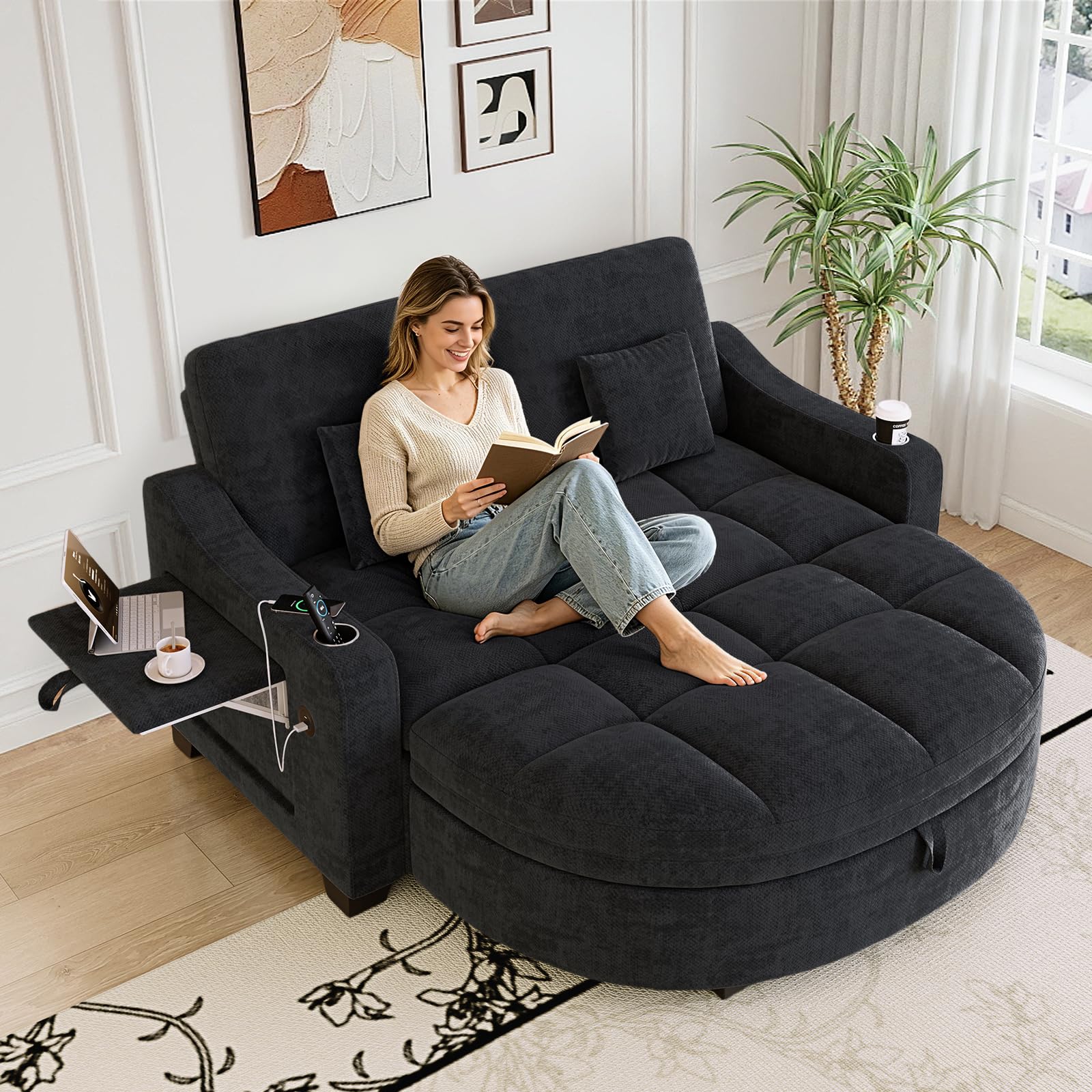 60” Loveseat Chaise Lounge Chair with Ottoman, Tufted Chenille Chaise Sofa with Storage &amp; Adjustable Back/ Side Table/ USB Charging, Cozy Reading Lounge Chair and A Half for Living Room, Office, Black