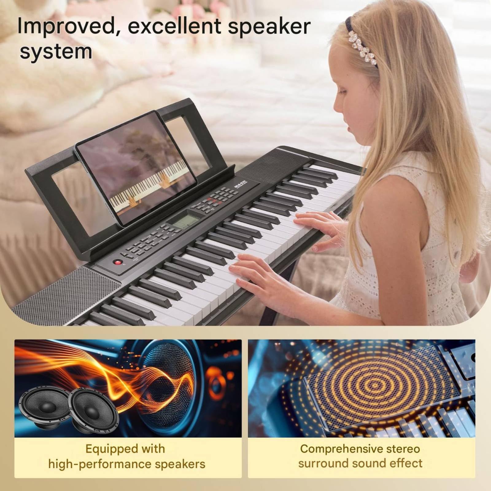 Pianoforte Digitale 61 Tasti Pesati, Tastiera Musicale per Principianti, Tastiera Pianoforte Leggero e Portatile, con 300 Suoni, Altoparlanti, USB MIDI, Schermo LCD, Metronomo, Presa per Cuffie