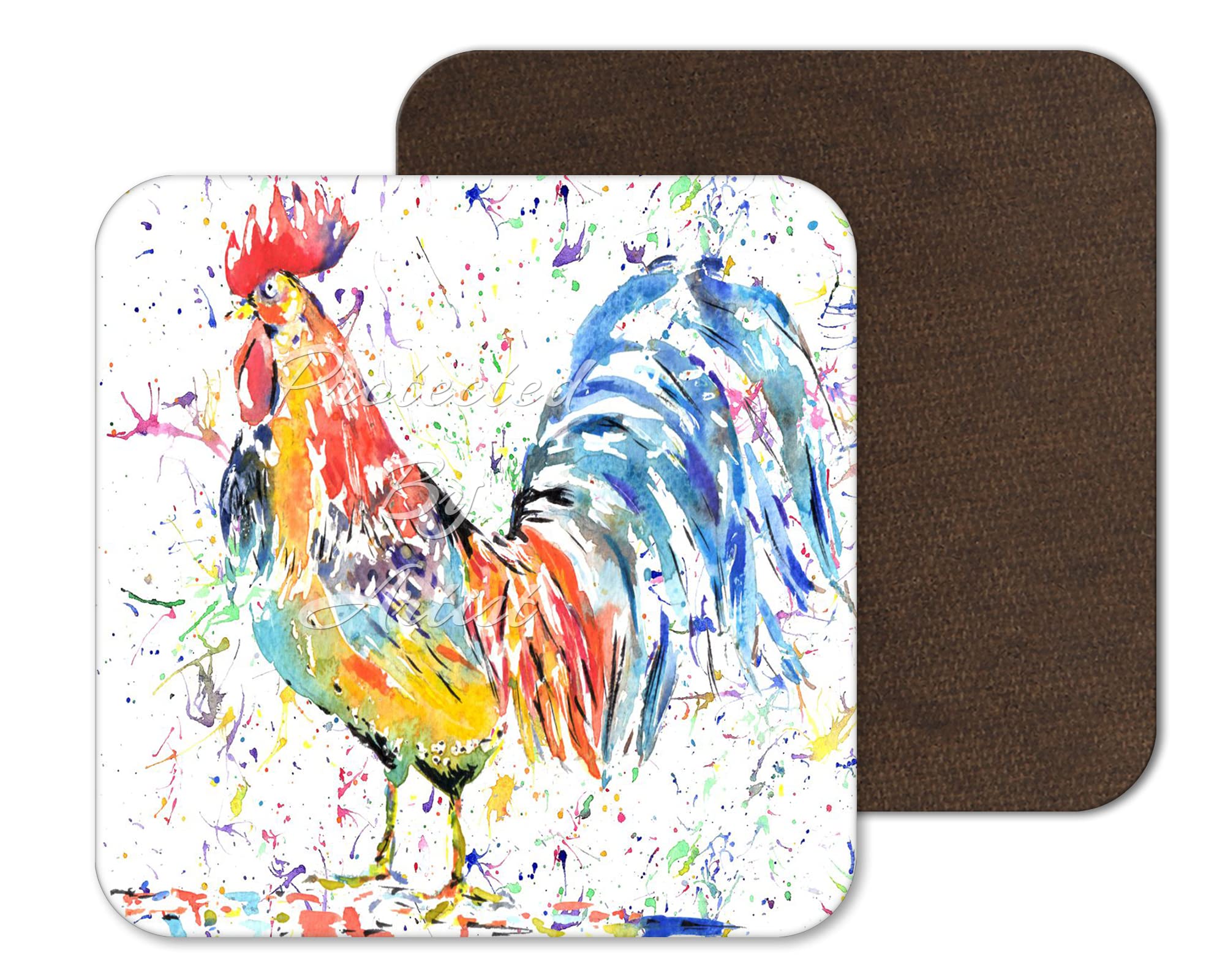 Coaster Cockerel Hen Farm Animals Coasters Watercolour Art Gift Work Office Dining Tea coffee (1)