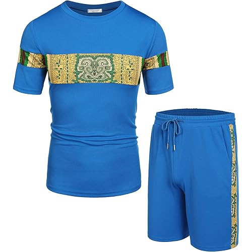 COOFANDY 2pcs Short Sets Hipster Printed T-Shirt and Shorts Set Sports Mesh Tracksuit Dashiki Outfits