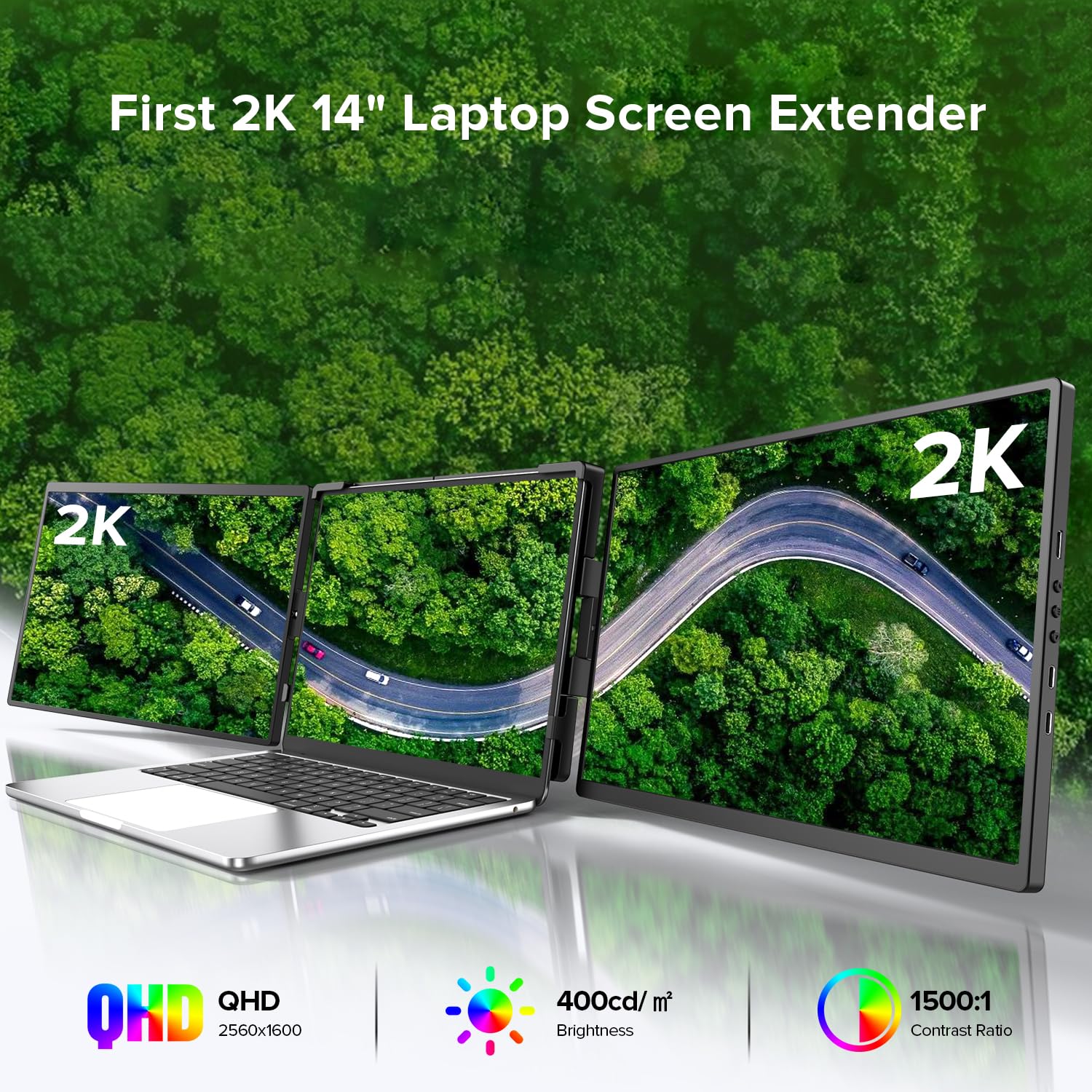 UPERFECT 2K 14" 360° Swivel Hinge Triple Monitor, 2240x1400 QHD IPS Portable Dual Monitor for 13.3"-17.3" Laptops