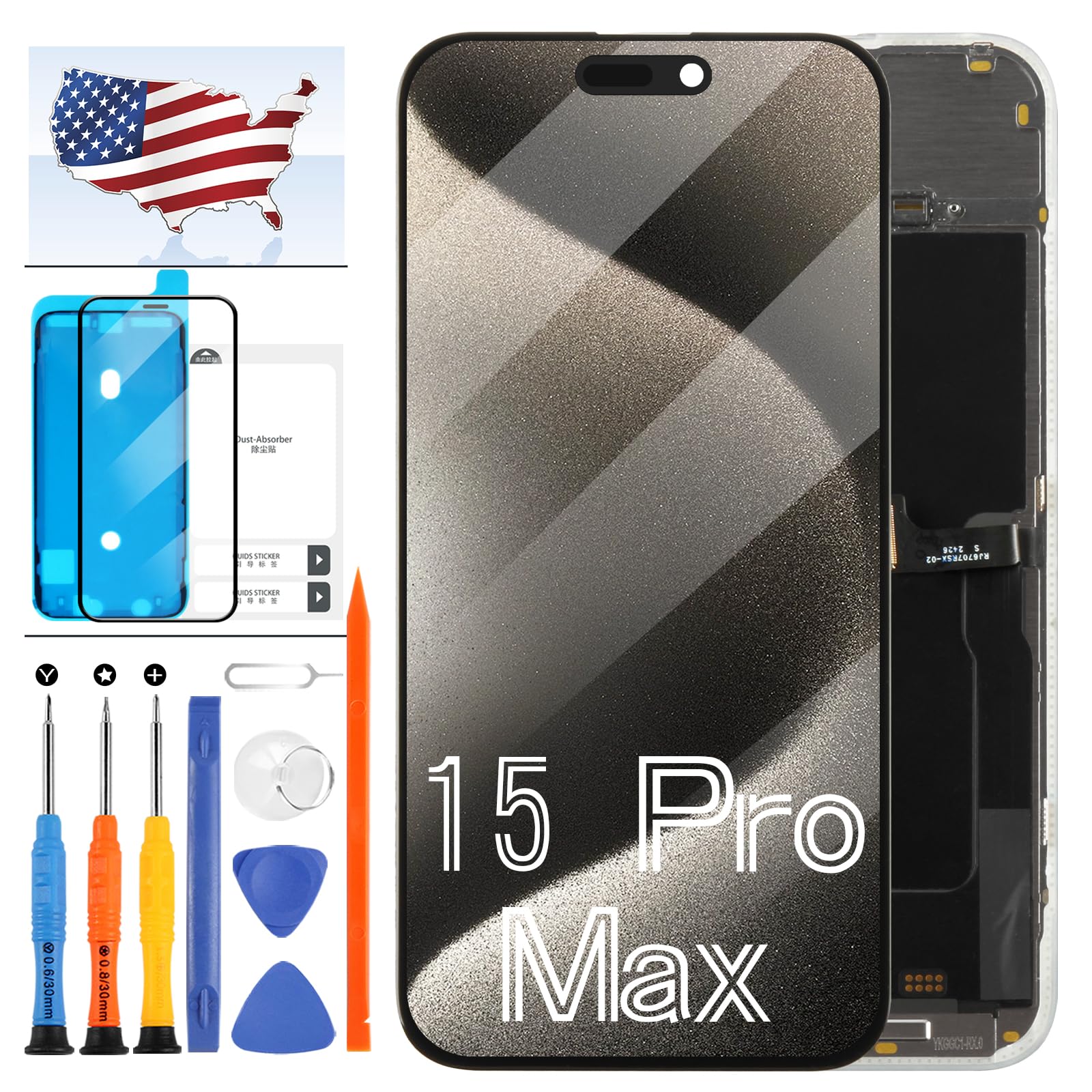 OLED per iPhone 15 Pro Max Sostituzione dello schermo, 6,7 pollici per iPhone 15 Pro Max Display LCD Digitizer Touch Screen Assembly Kit di riparazione A2849 A3105 A3106 A3108 con strumenti