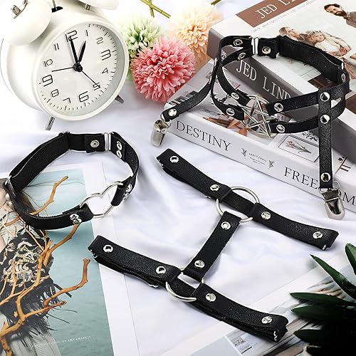 Miniatura 7 de 6 ligueros ajustables con clips antideslizantes, anillo elástico punk para muslo, liguero en forma de estrella en forma de corazón, 2 filas para