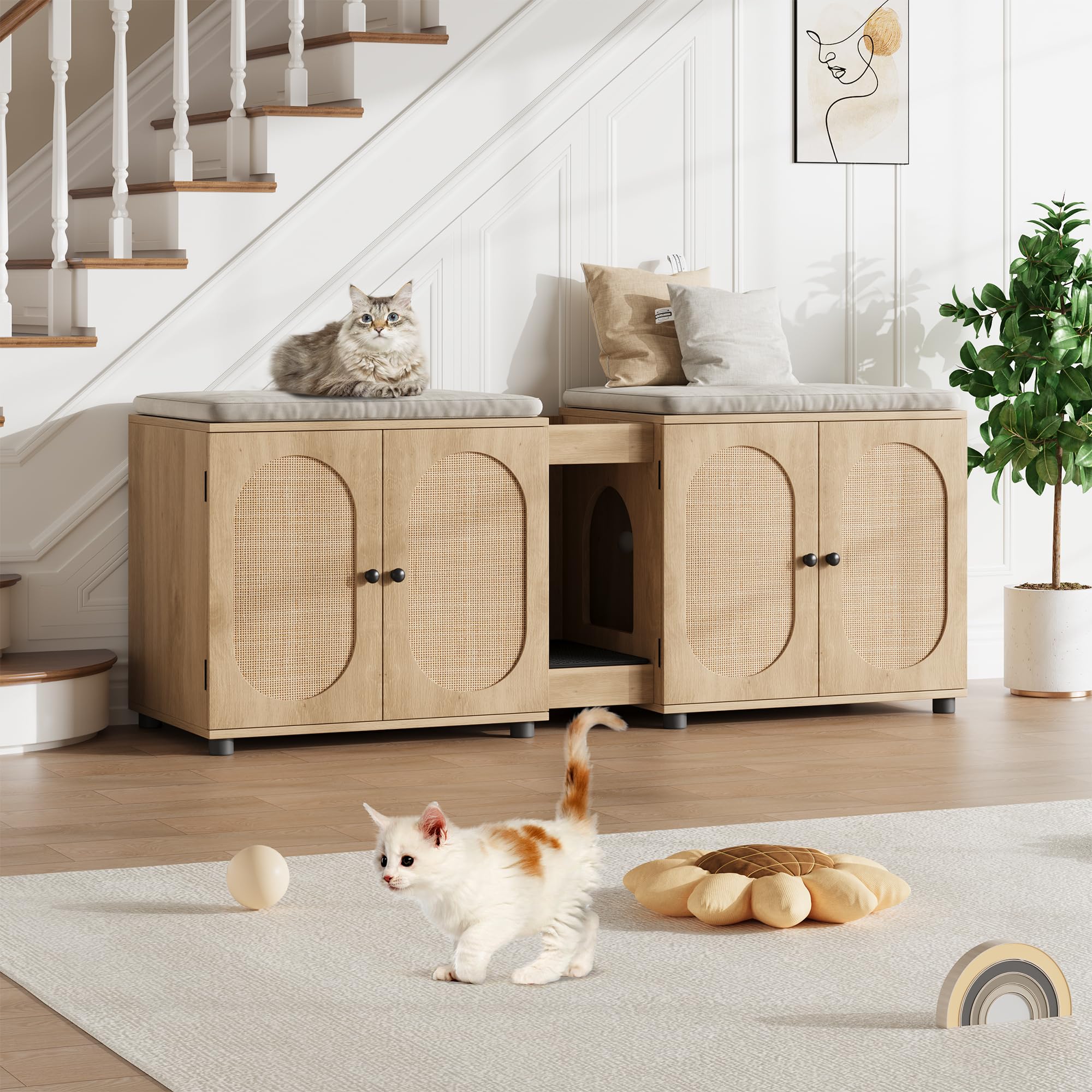 Doppeltes Katzenklo-Schrankmöbel für 2 Katzen, Großes Verstecktes Katzenhaus mit Türen, Inklusive Streuunterlage Hölzernes Haustierhaus Beistelltisch für Wohnzimmer, Schlafzimmer, Flur，Holz