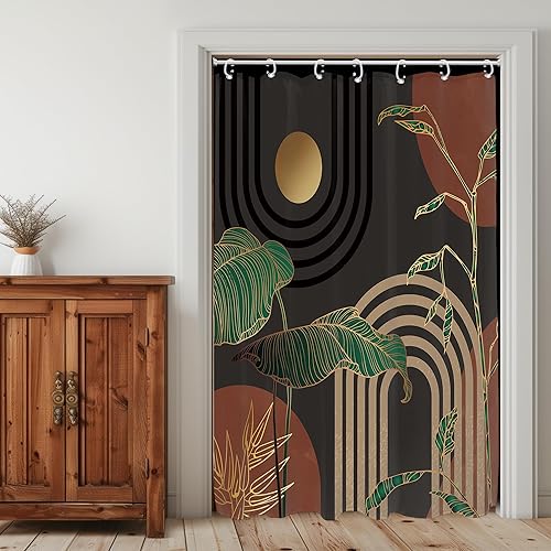Miniatura 20 de Glawry Cortina de ducha marrón abstracta de mediados de siglo estilo bohemio/retro/tropical con diseño de árbol de palma, sol y arco; moderna