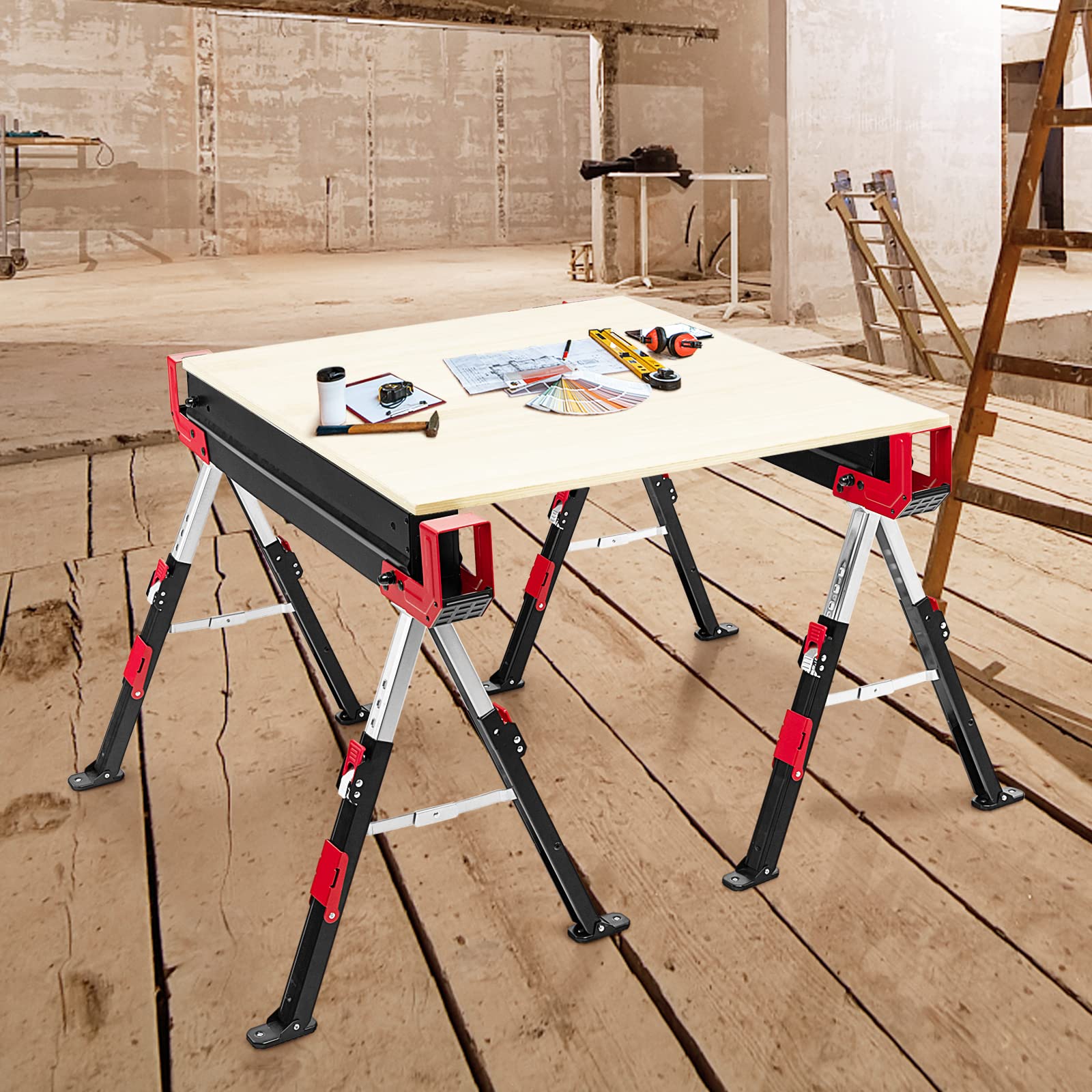GYMAX Lot de 2 Tréteaux Pliable en Métal, Charge Max 1180kg, Hauteur Réglable 62-83cm, Chevalet de Sciage avec Bras Chevilles de Support de Bois (Rouge)