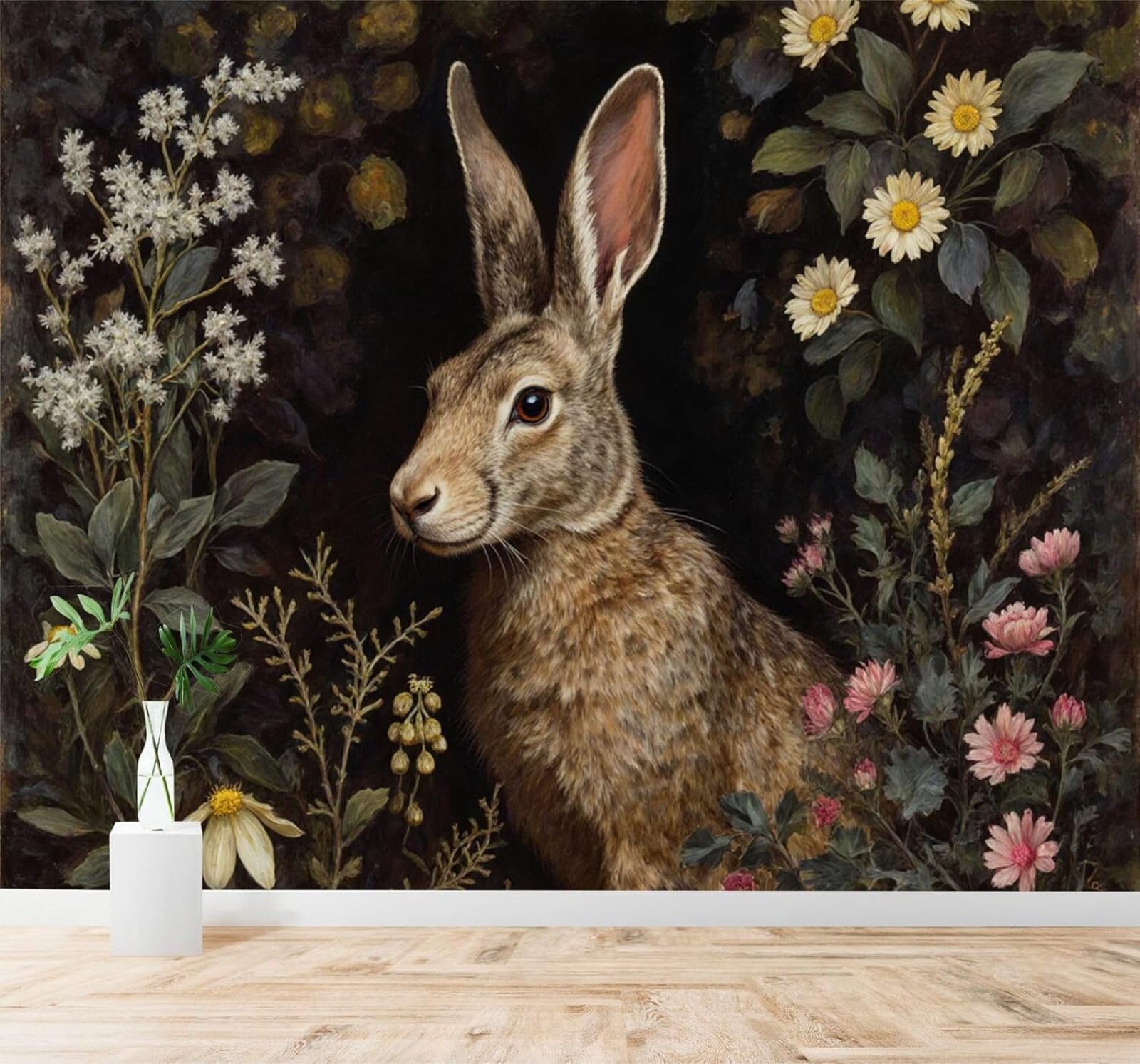 XLMING Vintage Brown Rabbit Wildflowers Plants 3D Wallpaper Premium Textured Silk Study Dining Living Room Bedroom Sofa TV Wall Easy Install-250cm×170cm