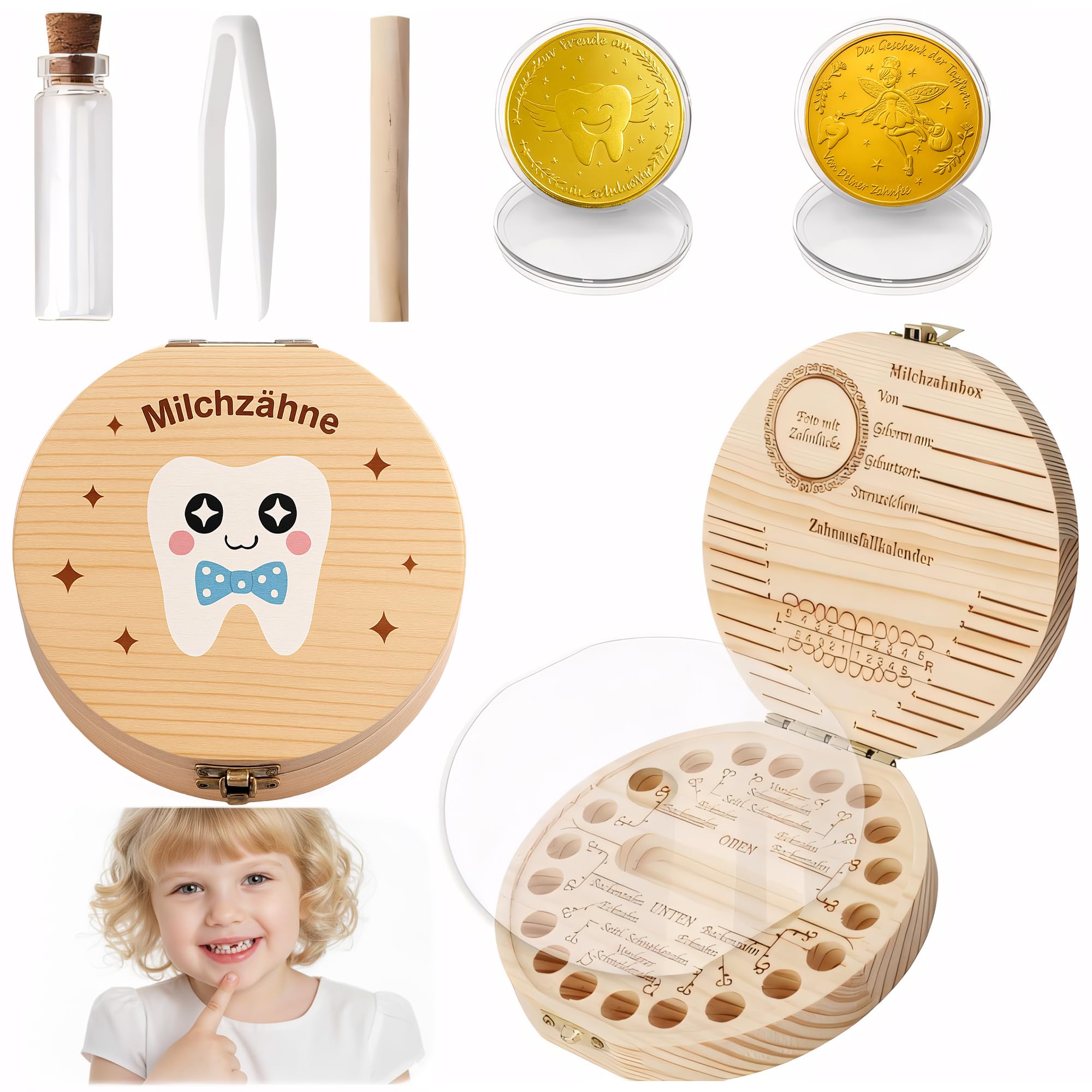 daqoupzi Zahndose Milchzähne Mädchen,Zahndose Milchzähne Jungen,Zahnfee Münzen,Milchzahndose,Zahnfee Geschenke Mädchen Jungen für die Aufbewahrung von Babyzähnen (Baby-Zähne-Motiv)