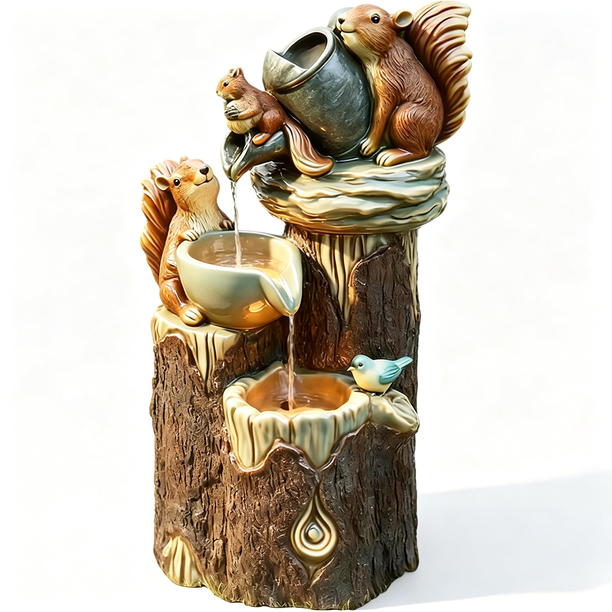 Solar Powered Water Feature, Indoor Outdoor Three Squirrels/Resin Duck Sculpture Fountain Statue Garden, LED Light Pool Waterfall Decoration for Garden Courtyard Pond (Squirrel) (15 * 9 * 6.5cm)