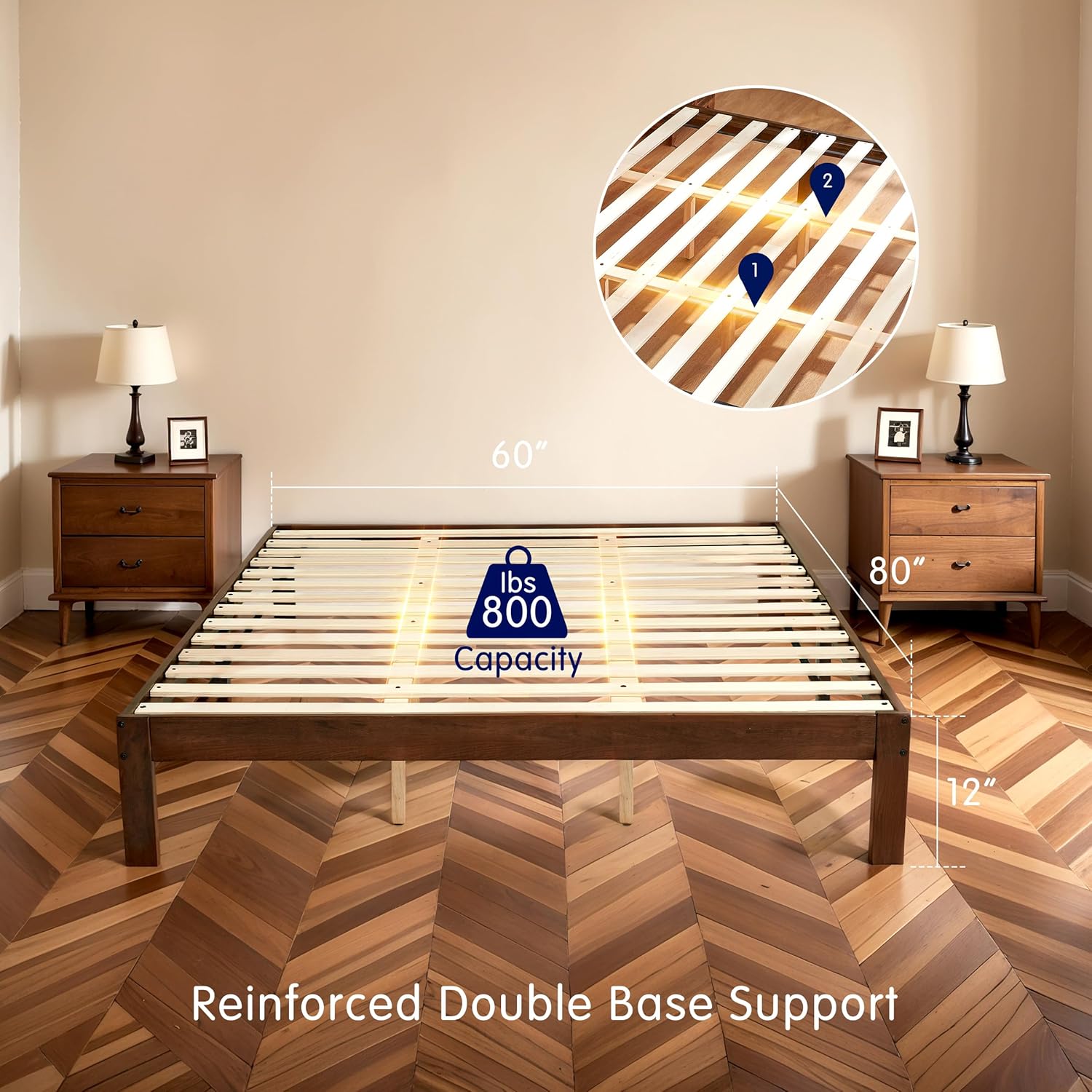 Hokway Wood Queen Bed Frame-No Wobble, Noise-Free, Easy Assembly with Precise Holes, 12" Wood Slat Support, No Box Spring Needed, Walnut - Image 2